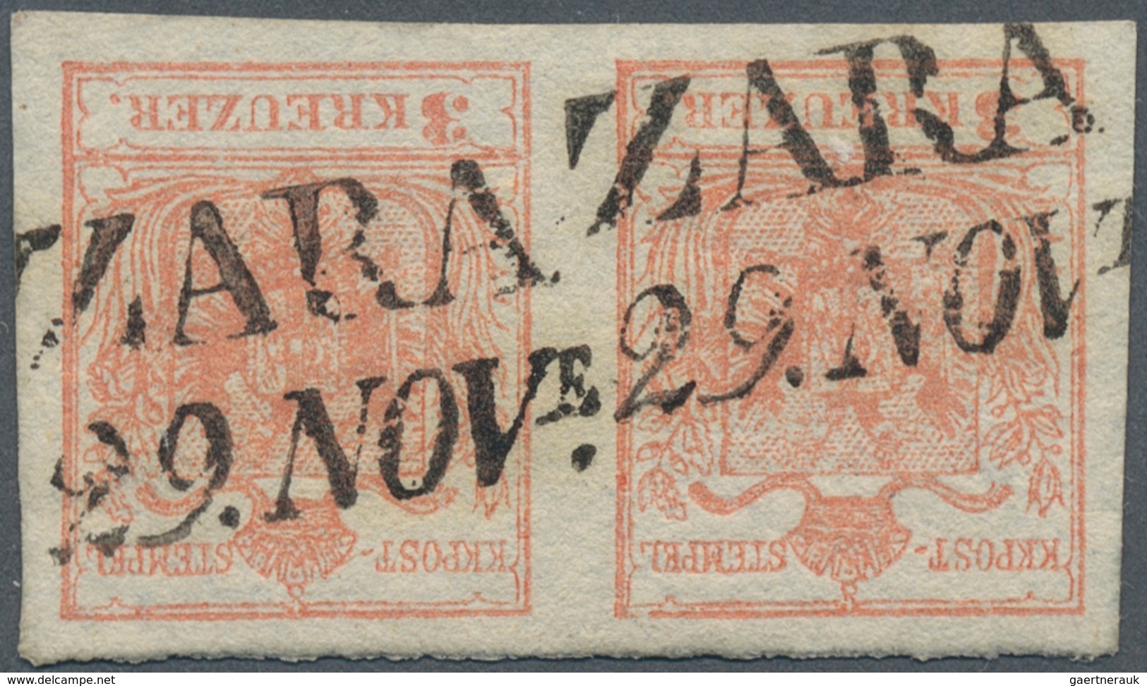 15766 Österreich - Stempel: ZARA (Dalmatien): 1850, 3 Kr. Rot Auf Dünnem Handpapier Im Waagr. Allseits Bre - Maschinenstempel (EMA)