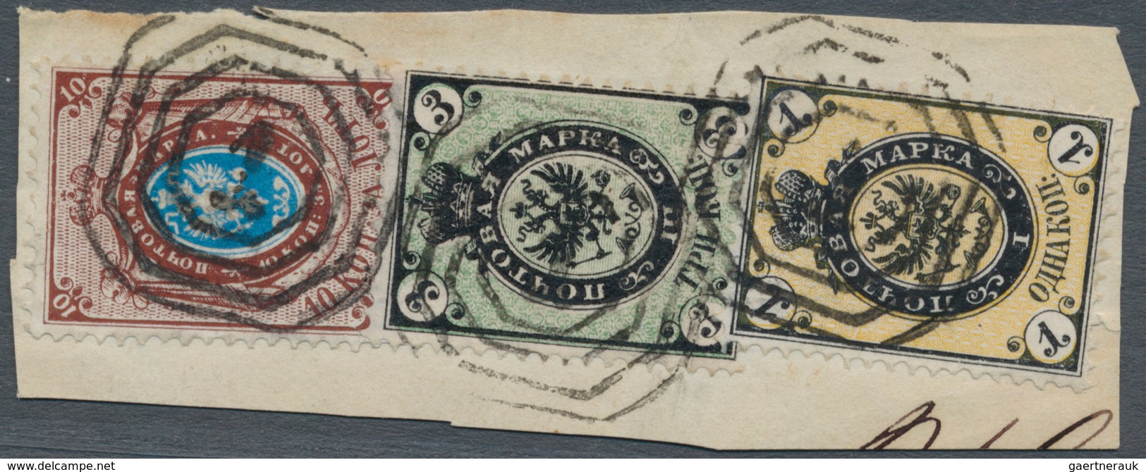 15788 Polen - Russische Periode: 1865 (ca.), 1kop. Black/yellow, 3kop. Black/green, 10kop. Brown/blue, 14k - Sonstige & Ohne Zuordnung