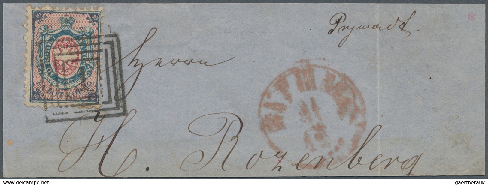 15793C Polen: 1860, 10kop. Blue/carmine, Fresh Colours, Well Perforated, On Large Fragment Clearly Oblit. B - Lettres & Documents