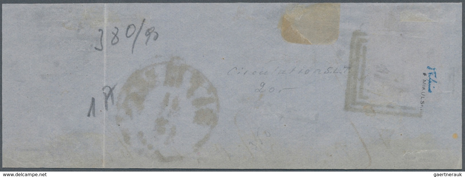 15793C Polen: 1860, 10kop. Blue/carmine, Fresh Colours, Well Perforated, On Large Fragment Clearly Oblit. B - Briefe U. Dokumente