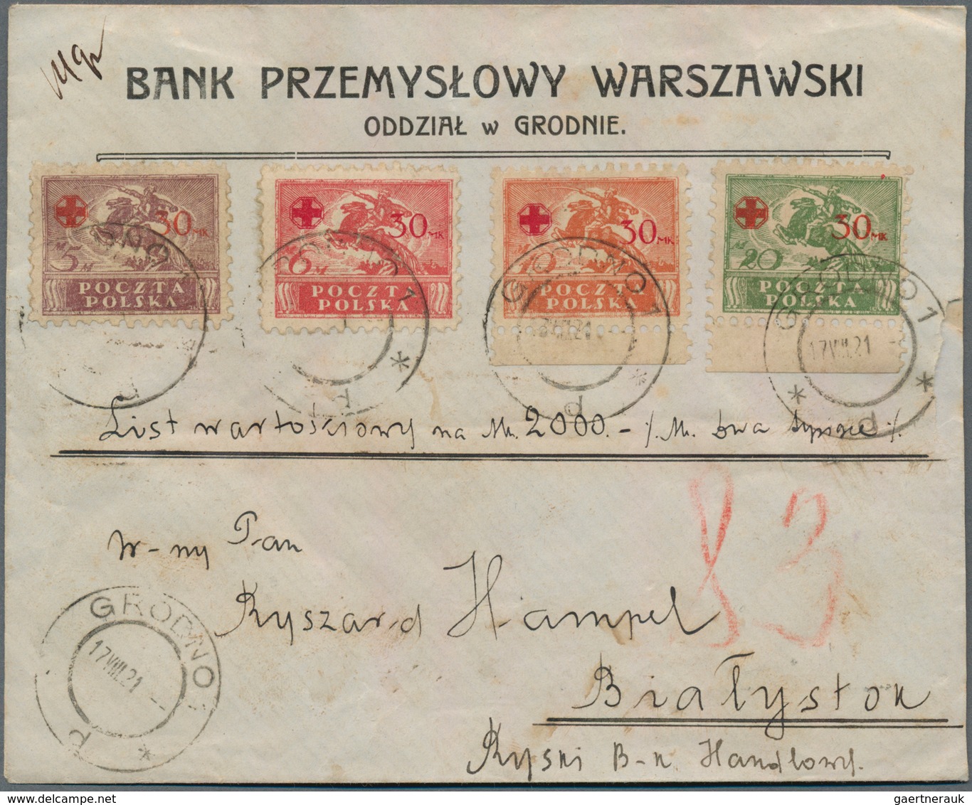 15798 Polen: 1921, RD CROSS, Four Values Complete On Bankletter Value "2000,- Mk" From GRODNO To Bialystok - Lettres & Documents