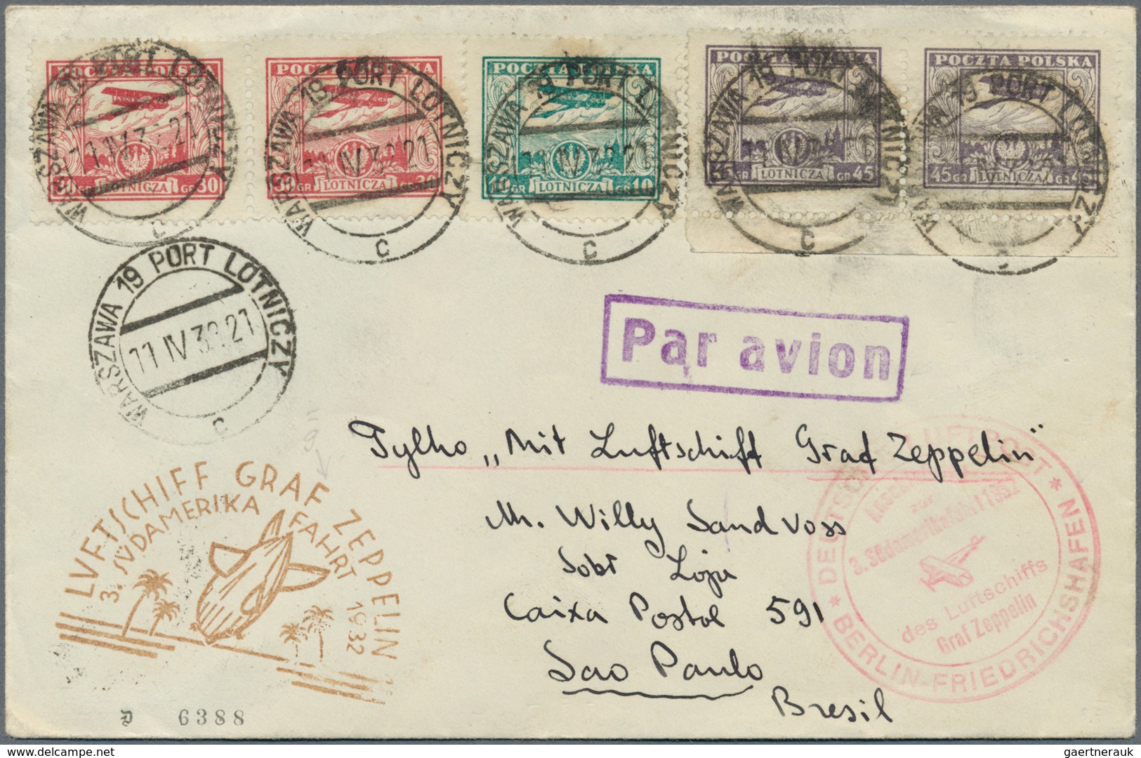 15799A Polen: 1932, Zeppelin 3rd South America Trip, Polish Mail "WARSZAWA 11.IV.32" To Sao Paulo, Flight C - Briefe U. Dokumente