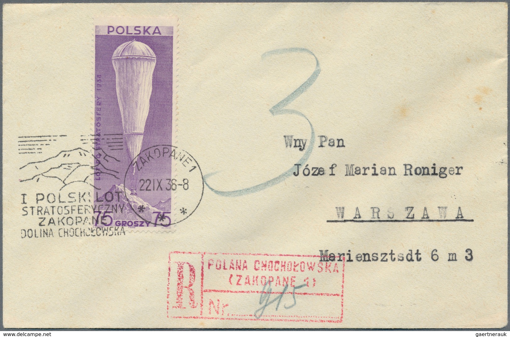 15805 Polen: 1938: Stratosphärenblock Und Blockmarke Daraus, Jeweils Auf Eingeschriebenem Ballonpost-Beleg - Lettres & Documents