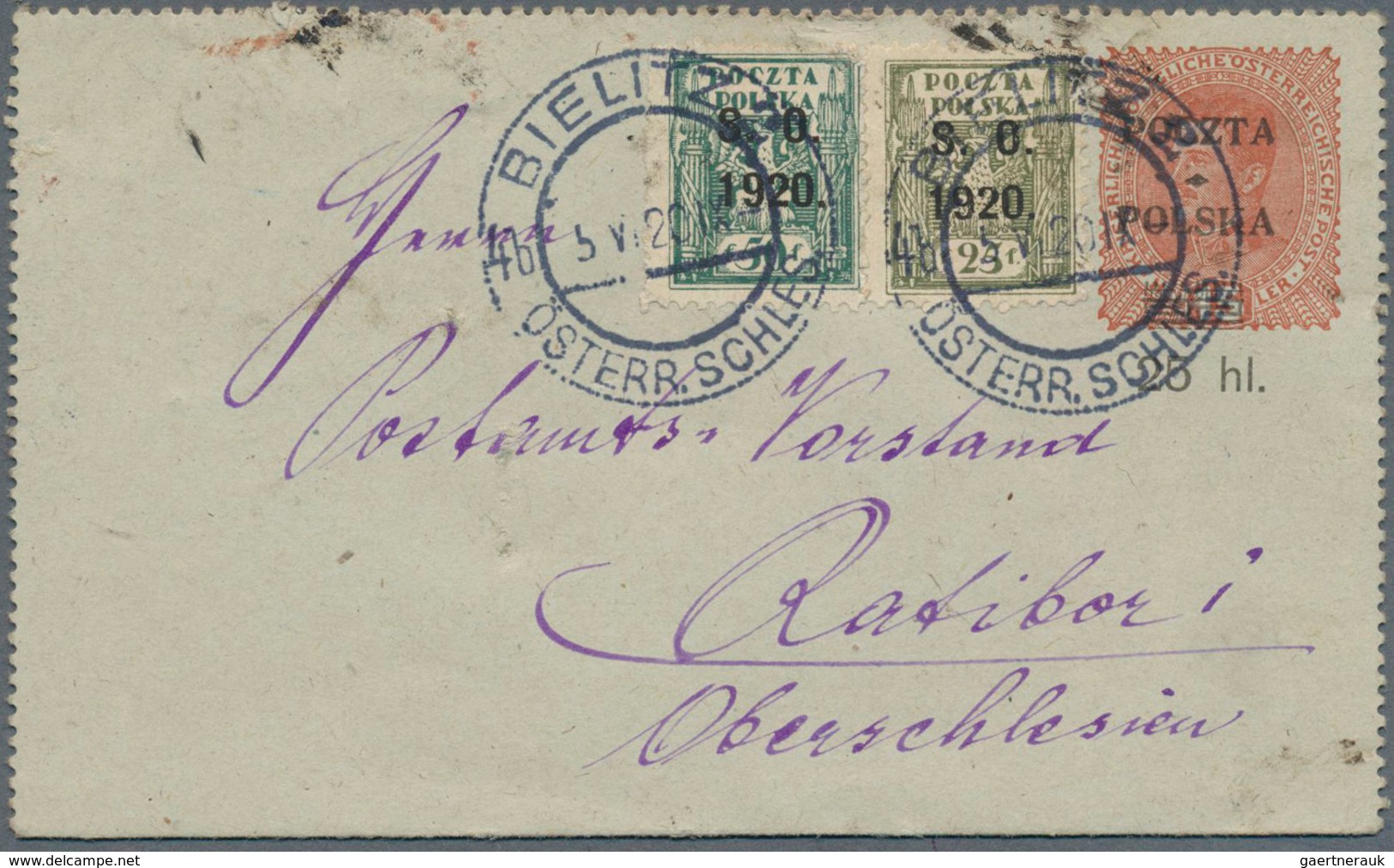 15810 Polen - Abstimmungsgebiet Ostschlesien: 1920, Poland 25 Hal. On 15 H Brick-red Stationery Letter-car - Altri & Non Classificati