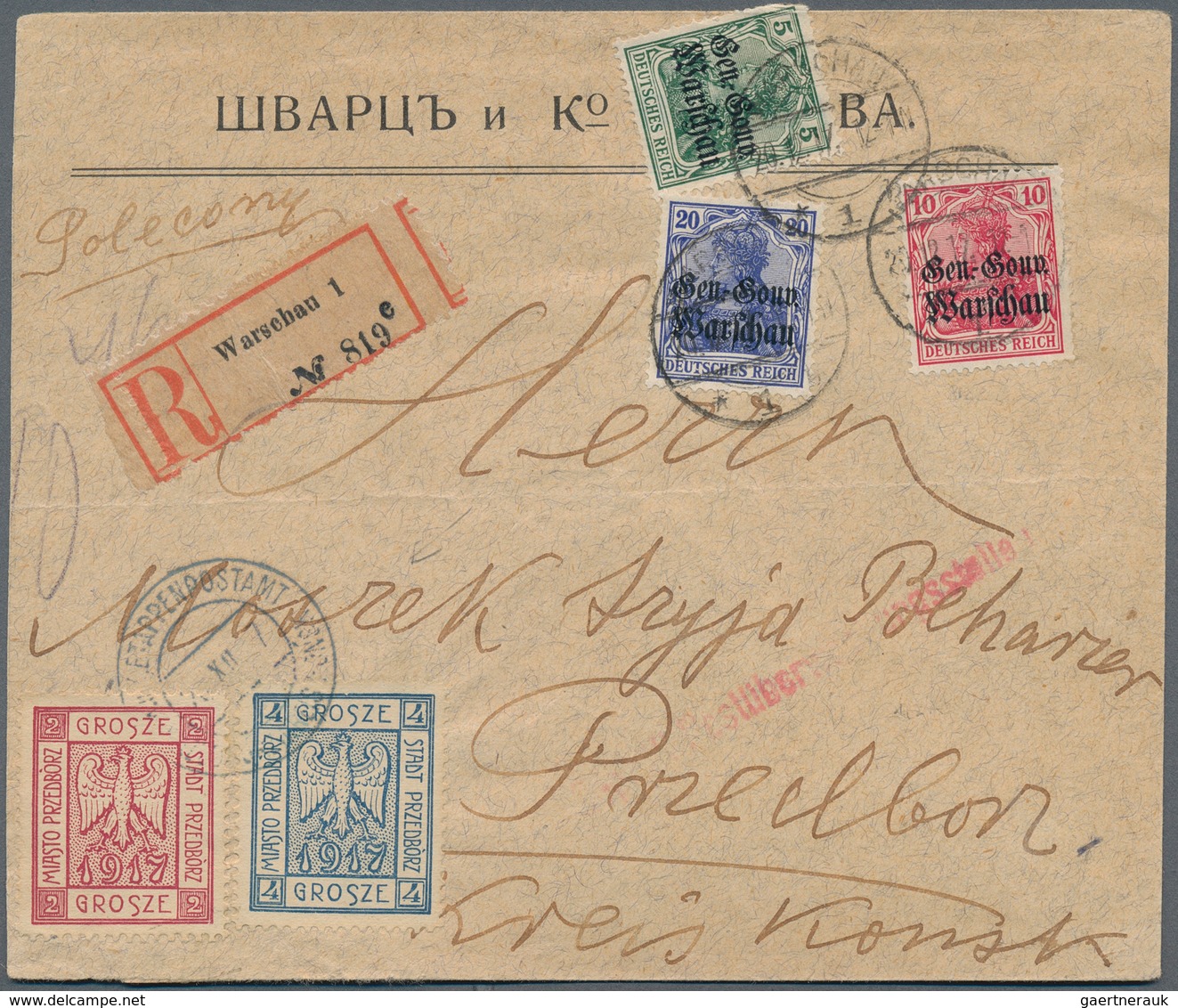 15813C Polen - Bestellpostanstalten: PRZEDBORZ 1917, 2gr. Carmine And 4gr. Blue Paying Local Charge On Inco - Autres & Non Classés