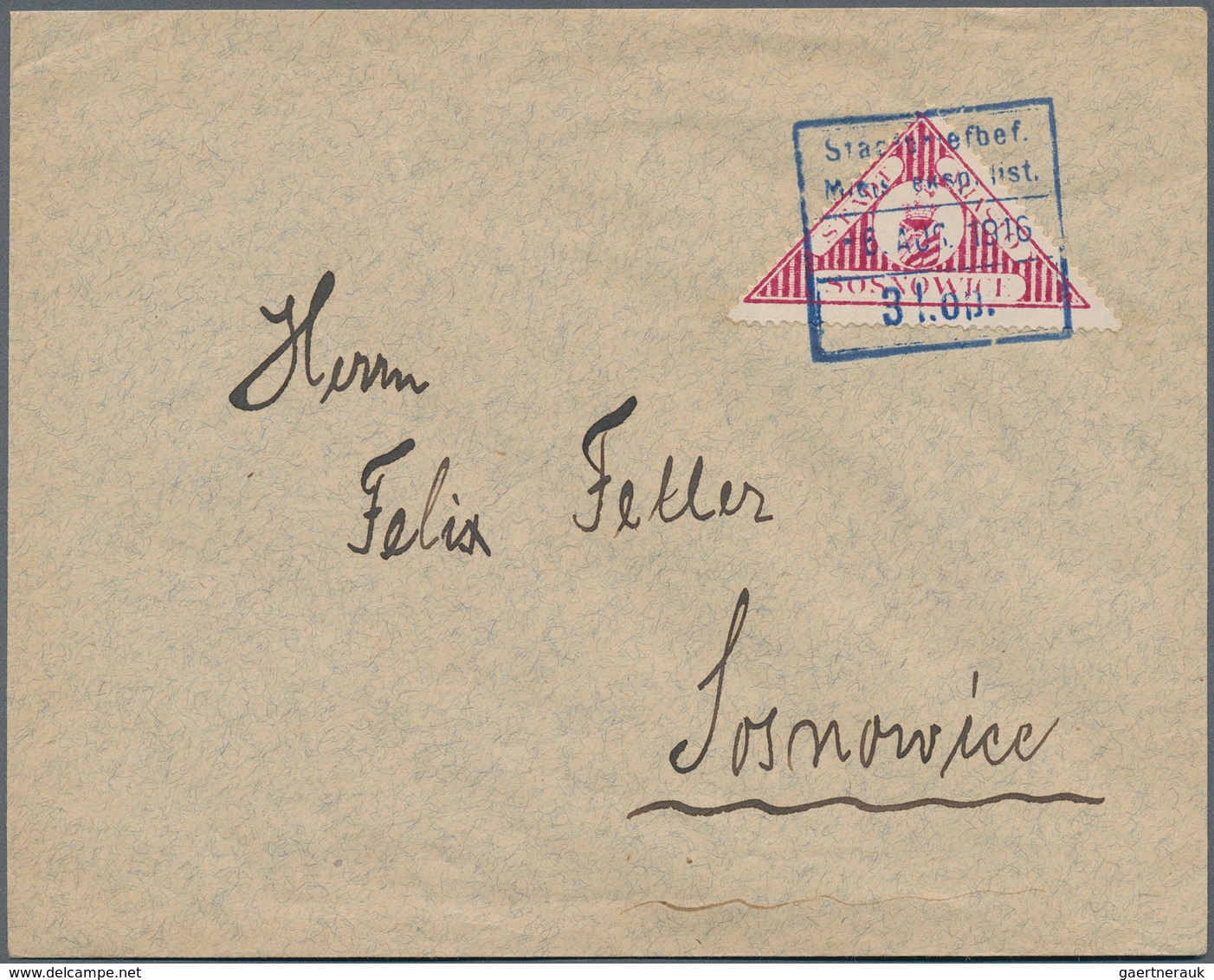 15814B Polen - Bestellpostanstalten: SOSNOWICE 1916, (3k.) Dark Carmine, Single Franking On Local Cover Cle - Autres & Non Classés