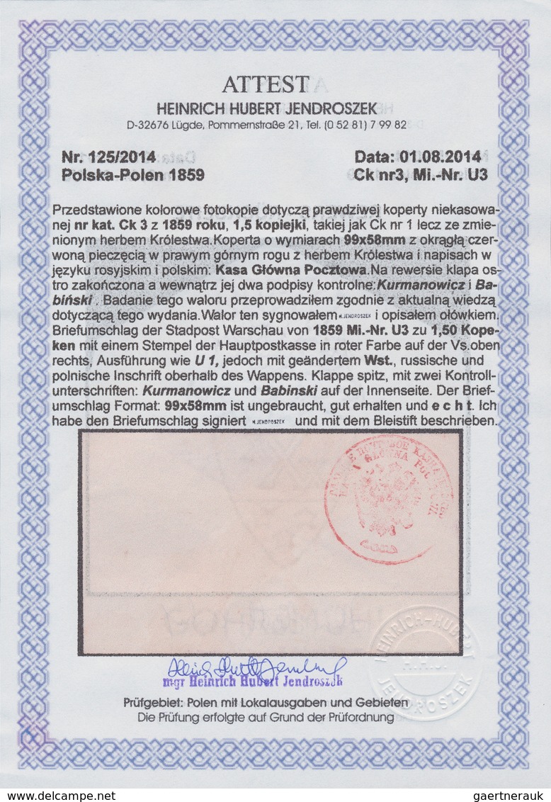 15817A Polen - Ganzsachen: 1859, 1½kop. Red, Stationery Envelope With Two Signatures (Kurmanowicz And Babin - Entiers Postaux