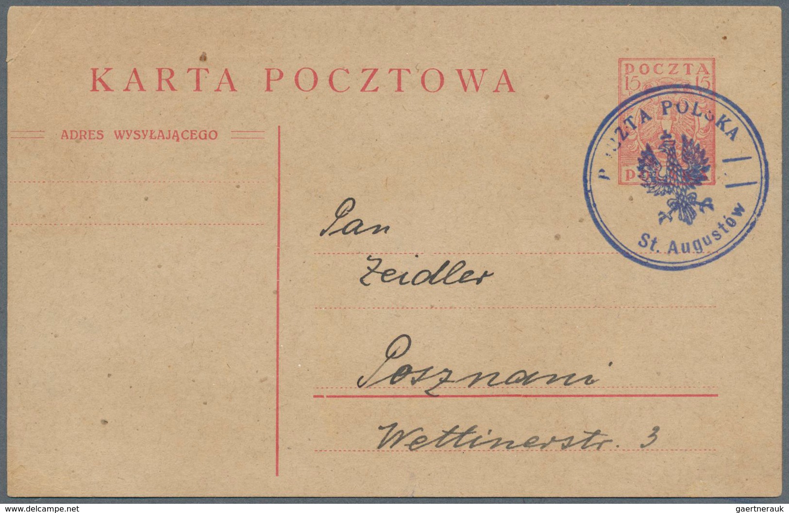 15818 Polen - Stempel: 1919, 15 F Red Postal Stationery Card With Violet Dateless Provisional Double Circl - Maschinenstempel (EMA)