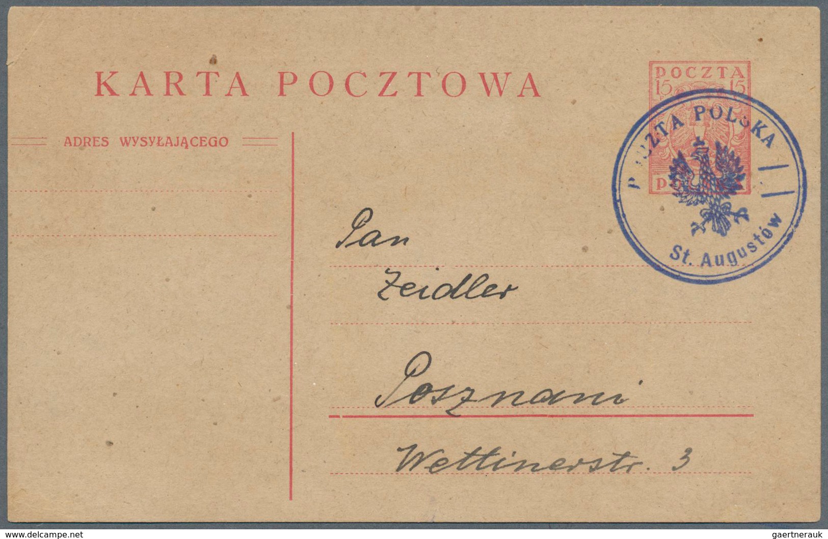 15818 Polen - Stempel: 1919, 15 F Red Postal Stationery Card With Violet Dateless Provisional Double Circl - Machines à Affranchir (EMA)