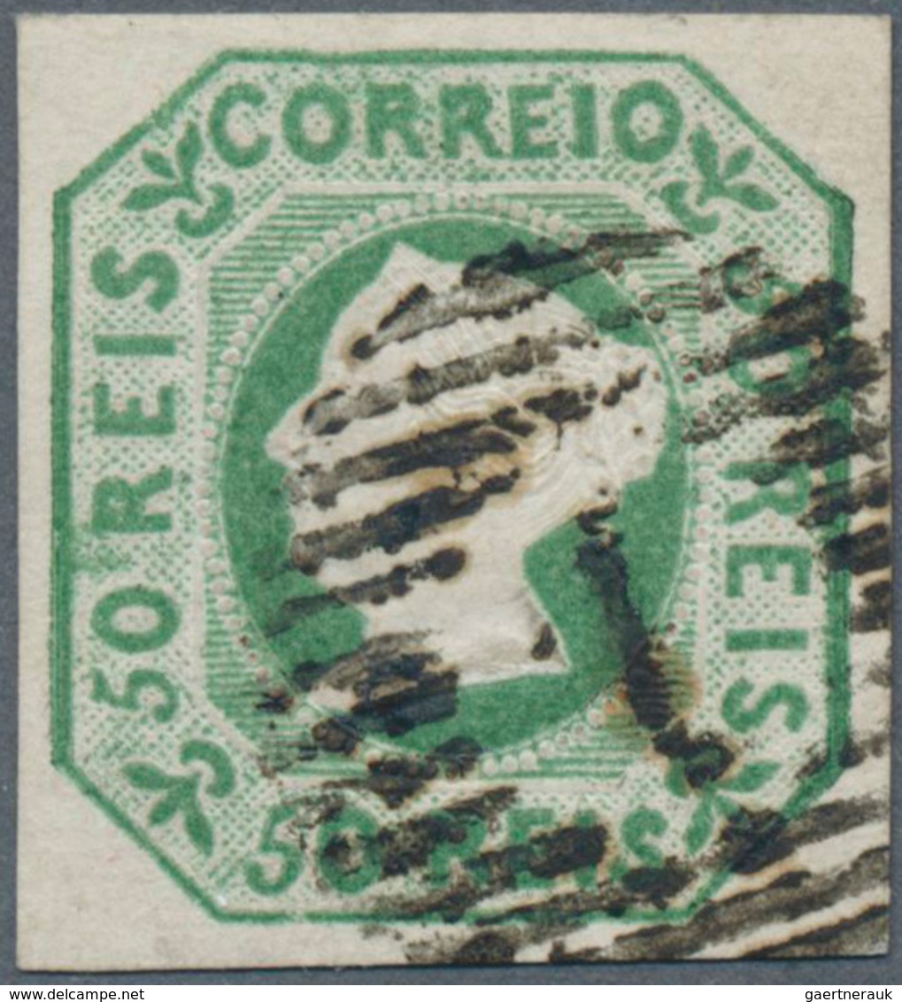 15848 Portugal: 1853, Queen Maria II. 50 R. Green, Good To Wide Margin All Around, Used With Numeral "1", - Lettres & Documents