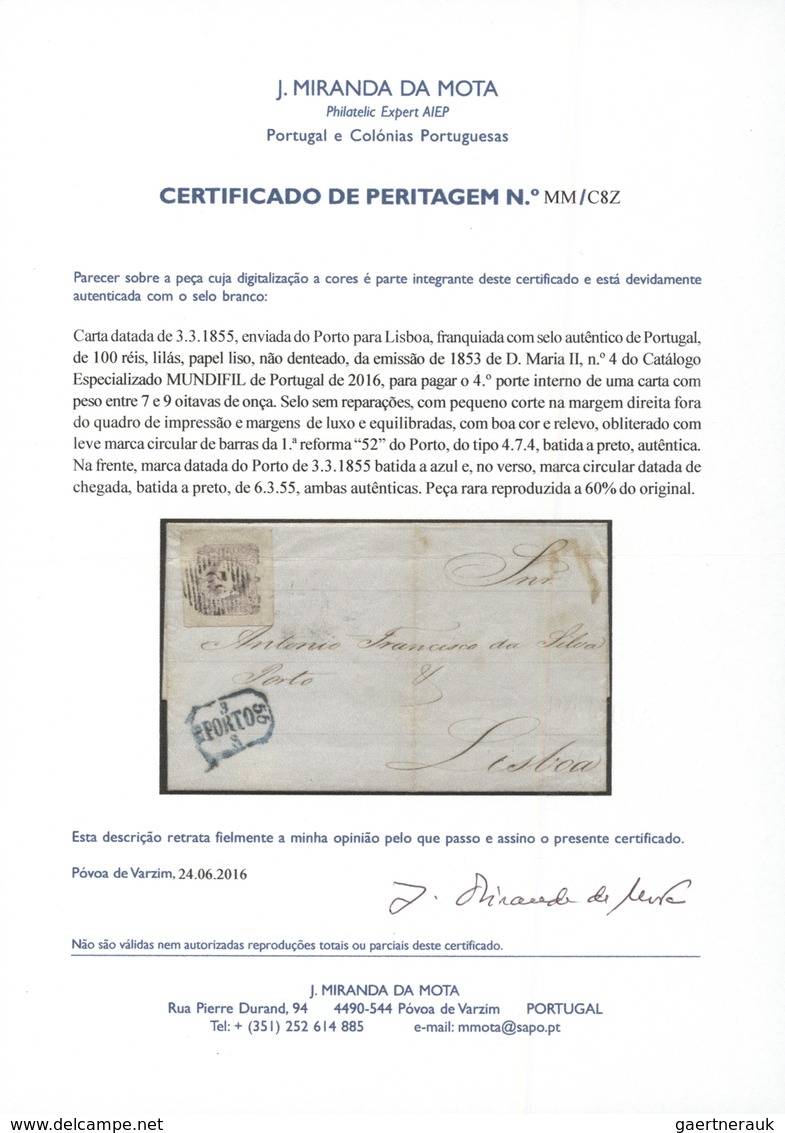 15849 Portugal: 1853- 100 Rs., Letter Send From Porto To Lisbon, With A 100 Rs Stamp, With Very Large Marg - Briefe U. Dokumente