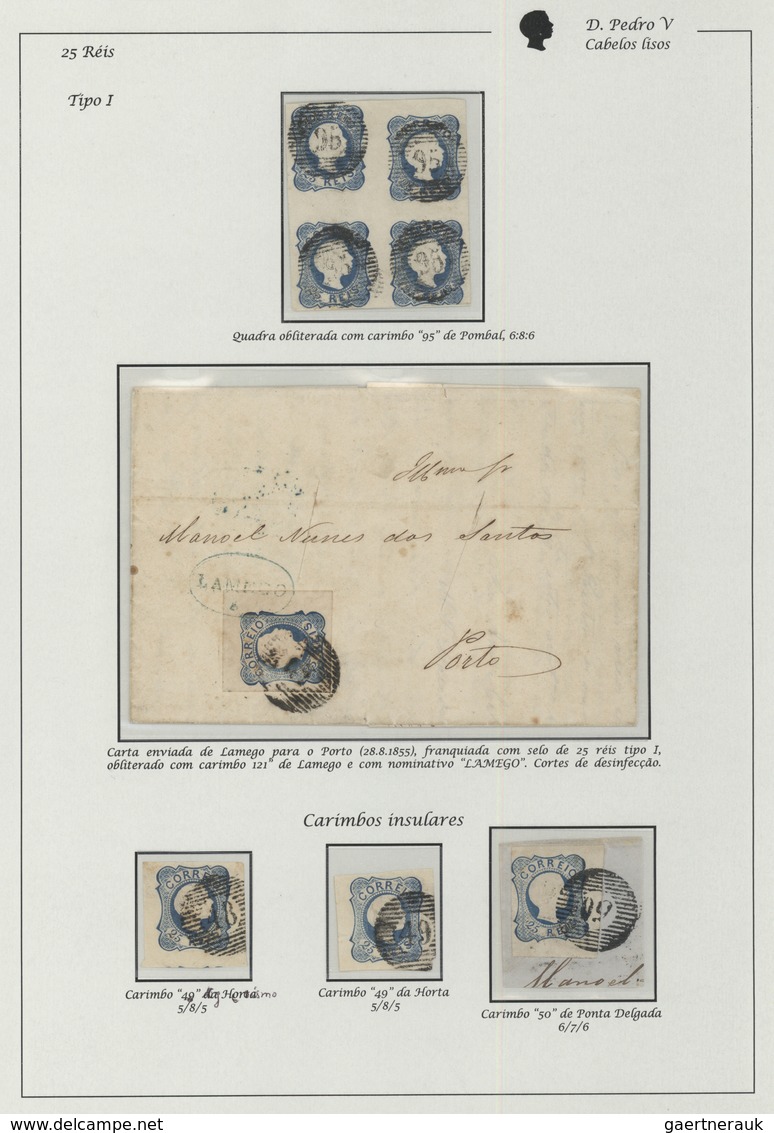 15862 Portugal:  1855-56 - 25 Rs. Three Stamps Canceled With Insular Postmarks, ``48'',''49'' And ``50''; Bloc F - Lettres & Documents