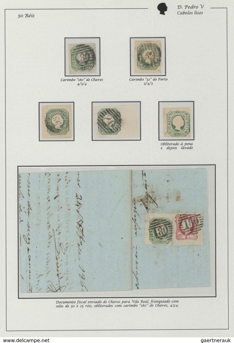 15874 Portugal: 1855-56 - 50 Rs. Five Used Stamps With Different Cancelations, One Of Them Pen Canceled An - Briefe U. Dokumente