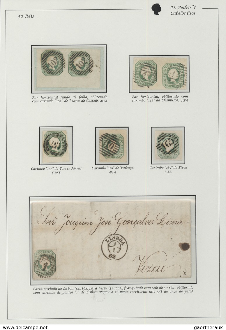 15875 Portugal: 1855-56 - 50 Rs. Two Horizontal Used Pairs And Three Stamps With Different Cancelations; A - Lettres & Documents