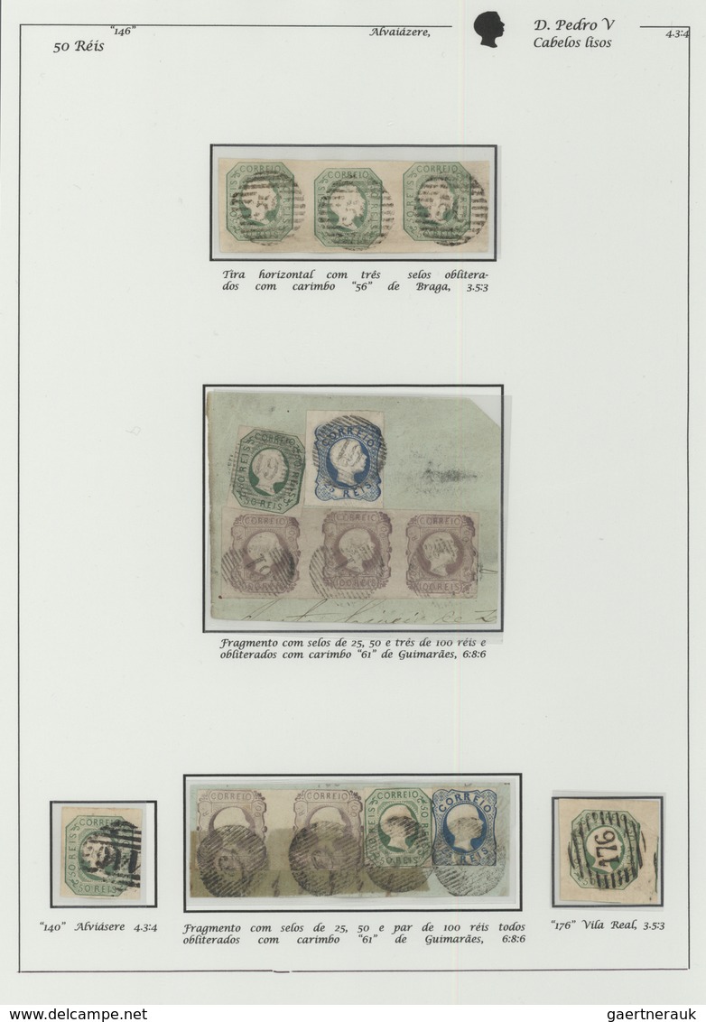 15877 Portugal: 1855-56 - 50 Rs. Two Used Stamps With Different Cancelations And A Horizontal Strip Off Th - Briefe U. Dokumente