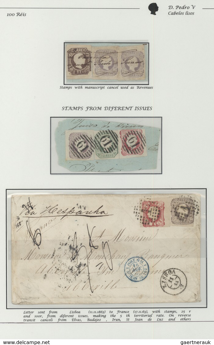 15879 Portugal: 1855-56 - 100 Rs. Fragment With A 5 Rs Stamp And Two 100 Rs., Stamps, Manuscript Canceled - Lettres & Documents