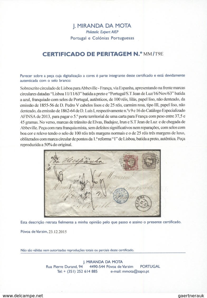 15879 Portugal: 1855-56 - 100 Rs. Fragment With A 5 Rs Stamp And Two 100 Rs., Stamps, Manuscript Canceled - Briefe U. Dokumente