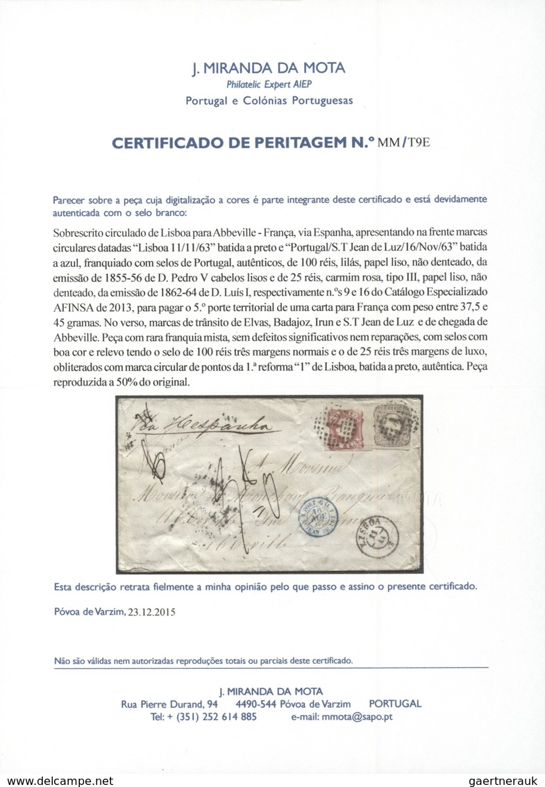 15879 Portugal: 1855-56 - 100 Rs. Fragment With A 5 Rs Stamp And Two 100 Rs., Stamps, Manuscript Canceled - Lettres & Documents