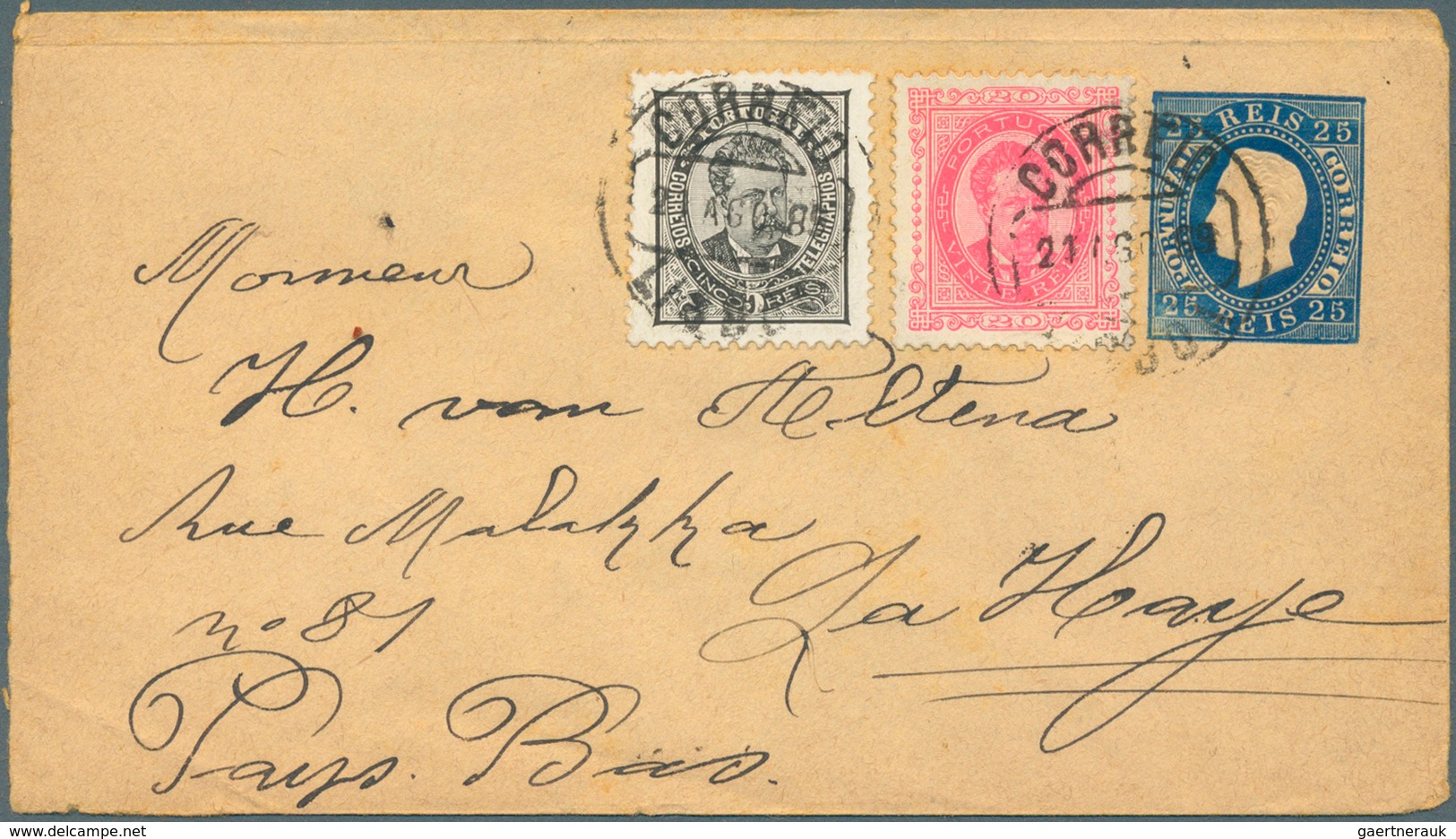 15897 Portugal - Ganzsachen: 1889 (21.8.), Stat. Envelope King Luis 25r. Blue Uprated With 5r. Black And 2 - Entiers Postaux