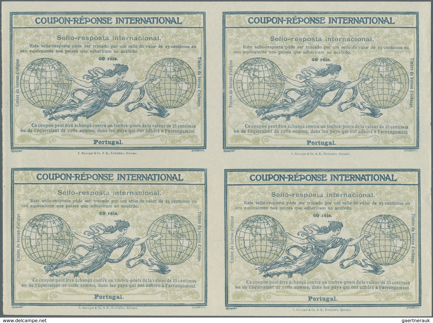 15898 Portugal - Ganzsachen: Design "Rome" 1906 International Reply Coupon As Block Of Four 60 Reis Portug - Ganzsachen