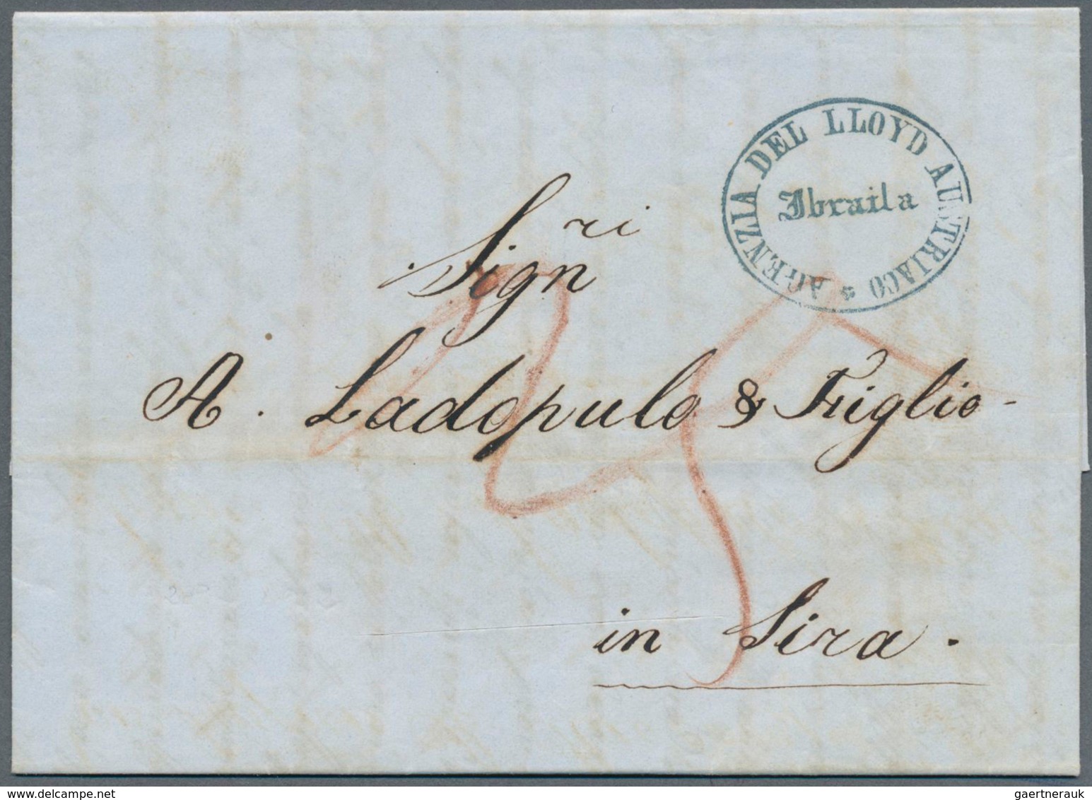 15899 Rumänien - Vorphilatelie: "AGENZIA DEL LLOYD AUSTRIACO / IBRAILA" Handstamp In Blue (Tchilingirian F - ...-1858 Vorphilatelie