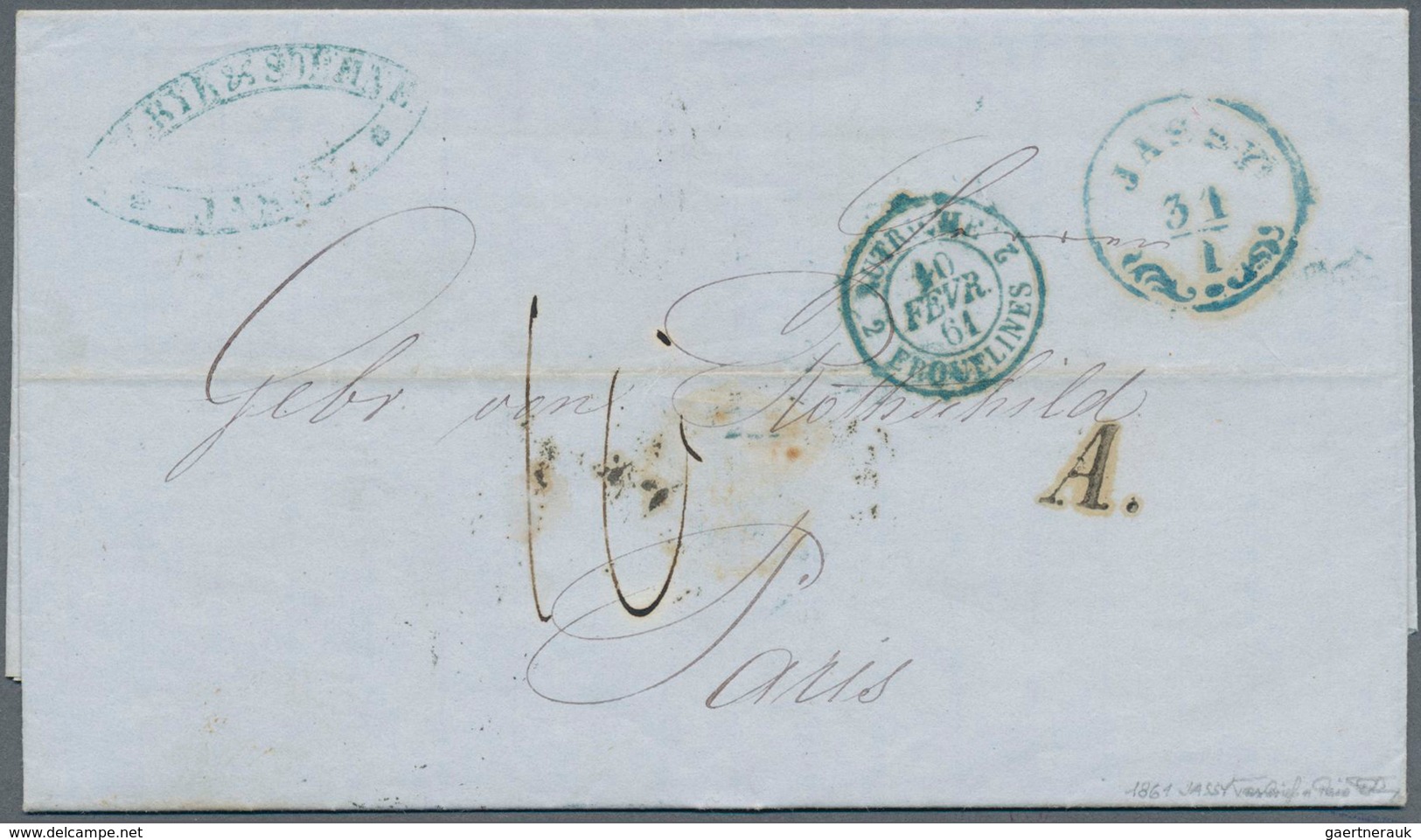 15901 Rumänien - Vorphilatelie: 1861, "JASSY 31.1.", Cds. In Blue, Clear On Folded Letter With Handstamp " - ...-1858 Vorphilatelie