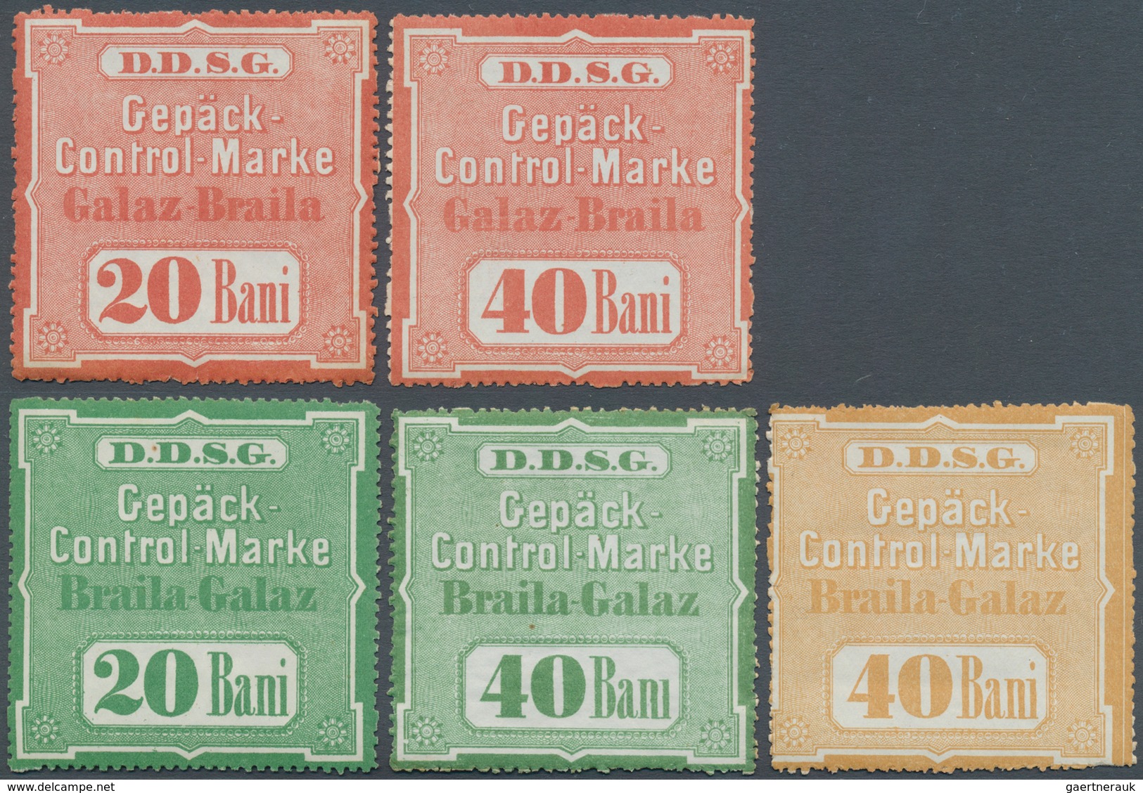 15906 Rumänien: 1870 (ca.), D.D.S.G. Austrian Steamship Company, Five Packet Control Stamps: "Galaz-Braila - Lettres & Documents