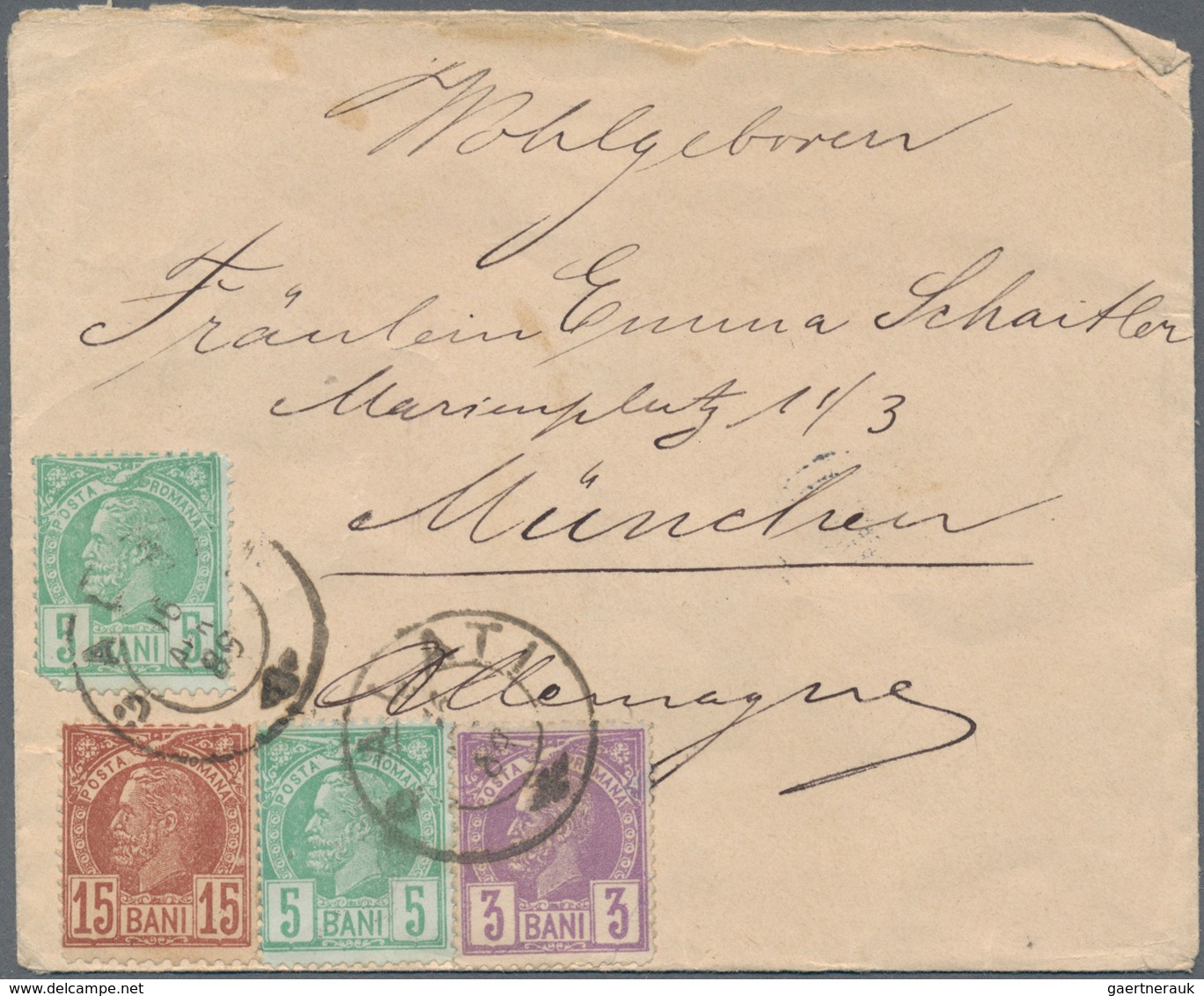 15908 Rumänien: 1889, Two 5 B. Green (one Stamp Corner Defect) 3 B. Violet And 15 B. Brown On Cover Tied B - Briefe U. Dokumente