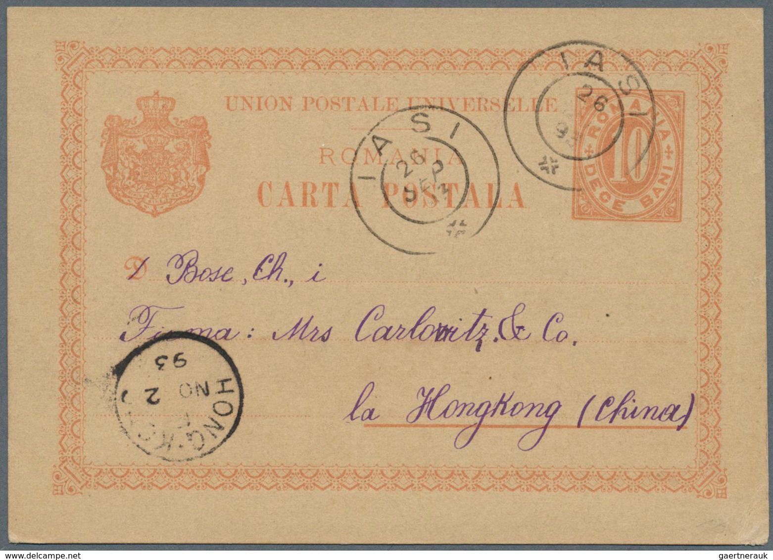 15915 Rumänien - Ganzsachen: 1893, 10 B Red Postal Stationery Card, Sent From IASI, 26.SEP 93, To Hongkong - Entiers Postaux