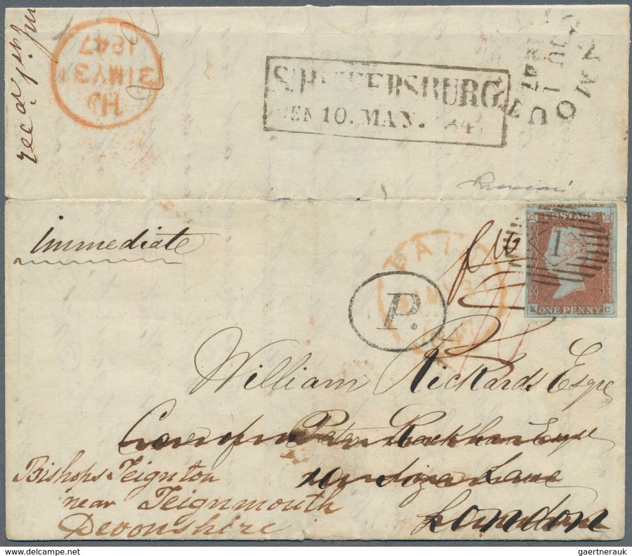 15919 Russland: 1847: Paid Folded Letter From St. Petersburg To London. There Franked With 1 Penny Red Bro - Ungebraucht