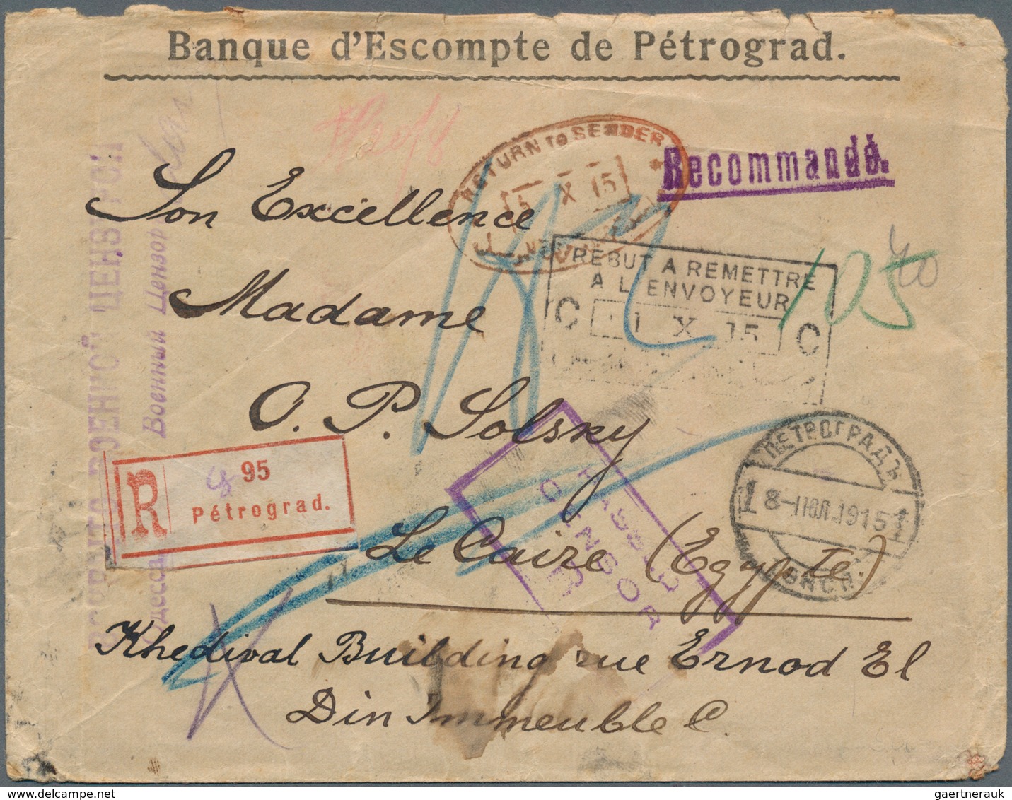 15936 Russland: 1915, Pair 20 Kop On Envelope Sent From Petrograd 18.9.15 To Caire, Egypt There Boxed "NON - Neufs