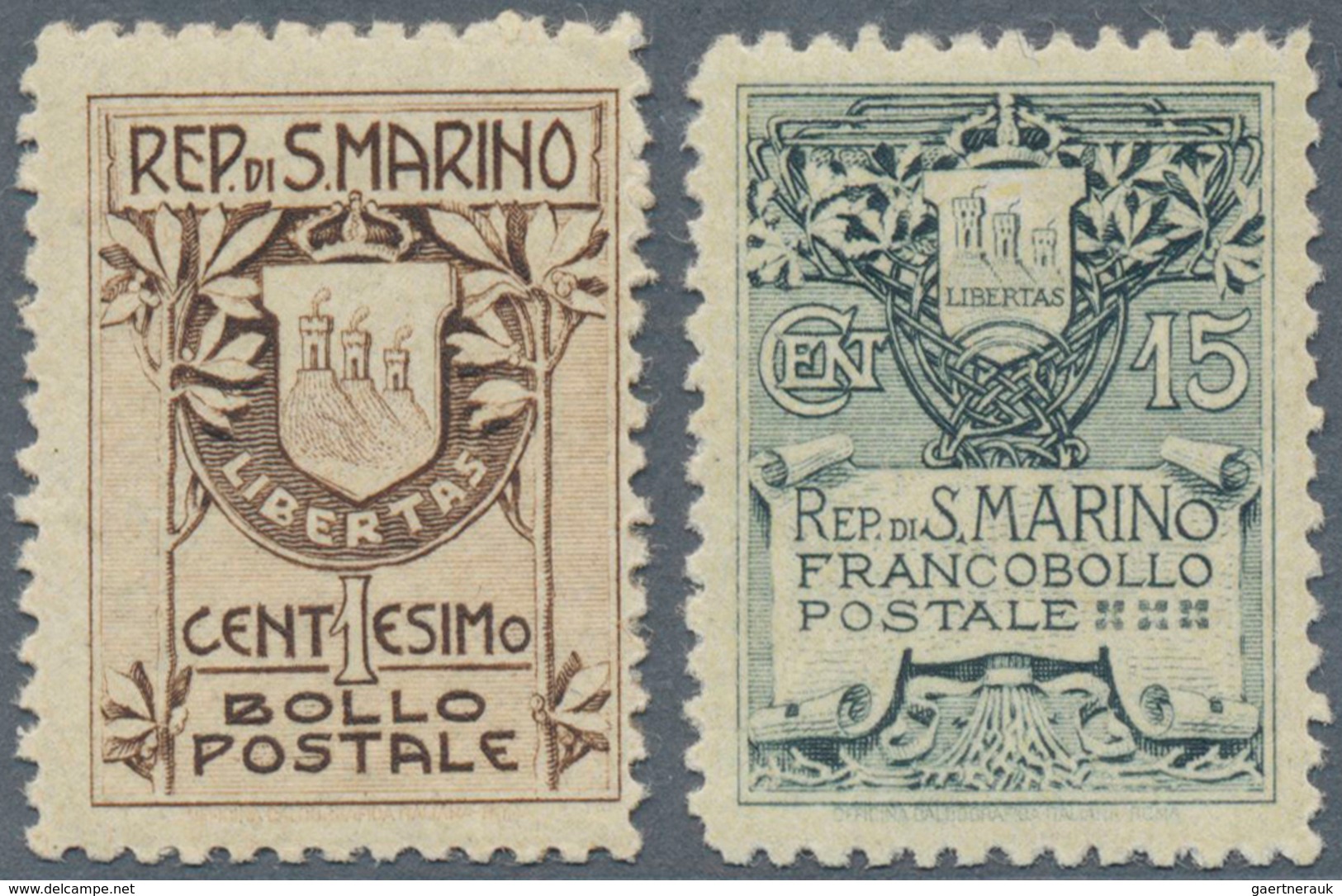 15992 San Marino: 1910, Coat Of Arms 1 C And 15C, New Edition, Mint Never Hinged, Signed Diena. - Ungebraucht