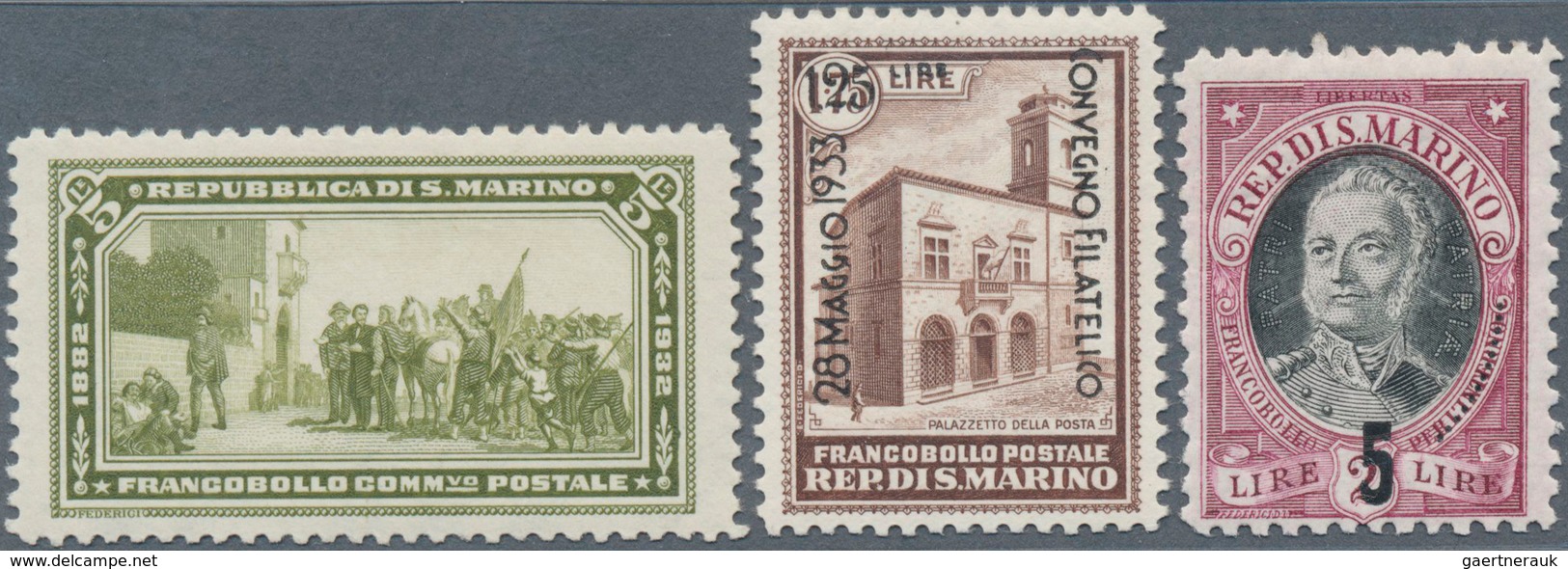 15995 San Marino: 1932 - 1934, Antonio Onofri 5.00 L On 2 L, Garibaldi 5 Lire Olive, Philatelic Congress 1 - Ungebraucht