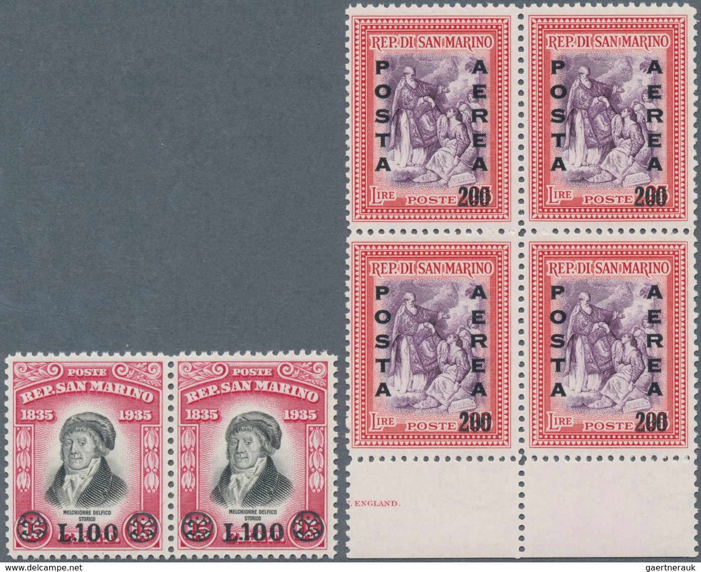 16006 San Marino: 1948, Melciorre Delfico With Overprint 100 L On 15 C In The Horizontal Pair And Airmail - Ungebraucht