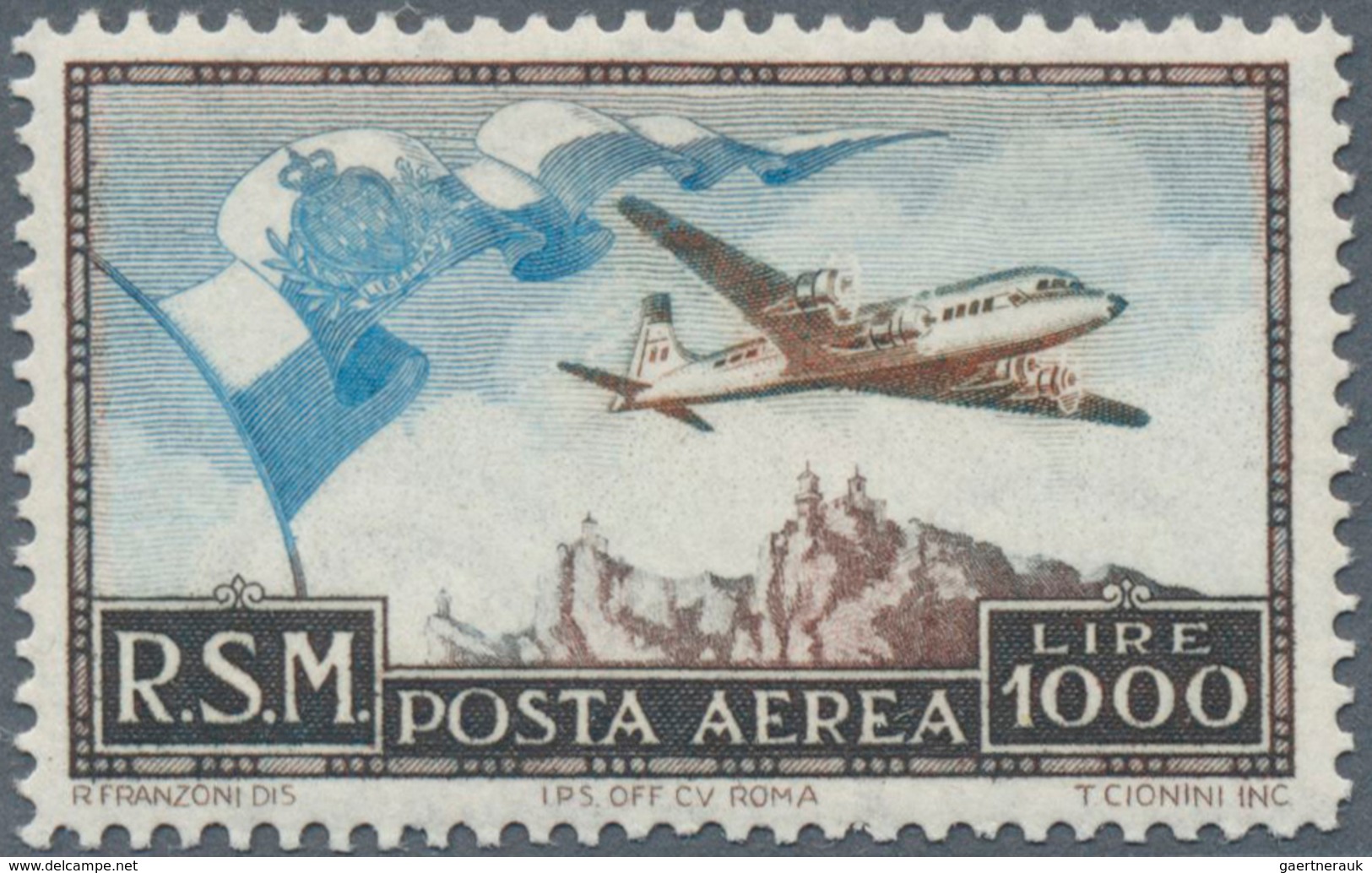 16008 San Marino: 1951, 1000 L Flight Post Stamp, Mint Never Hinged, (Mi? 700,-). - Ungebraucht