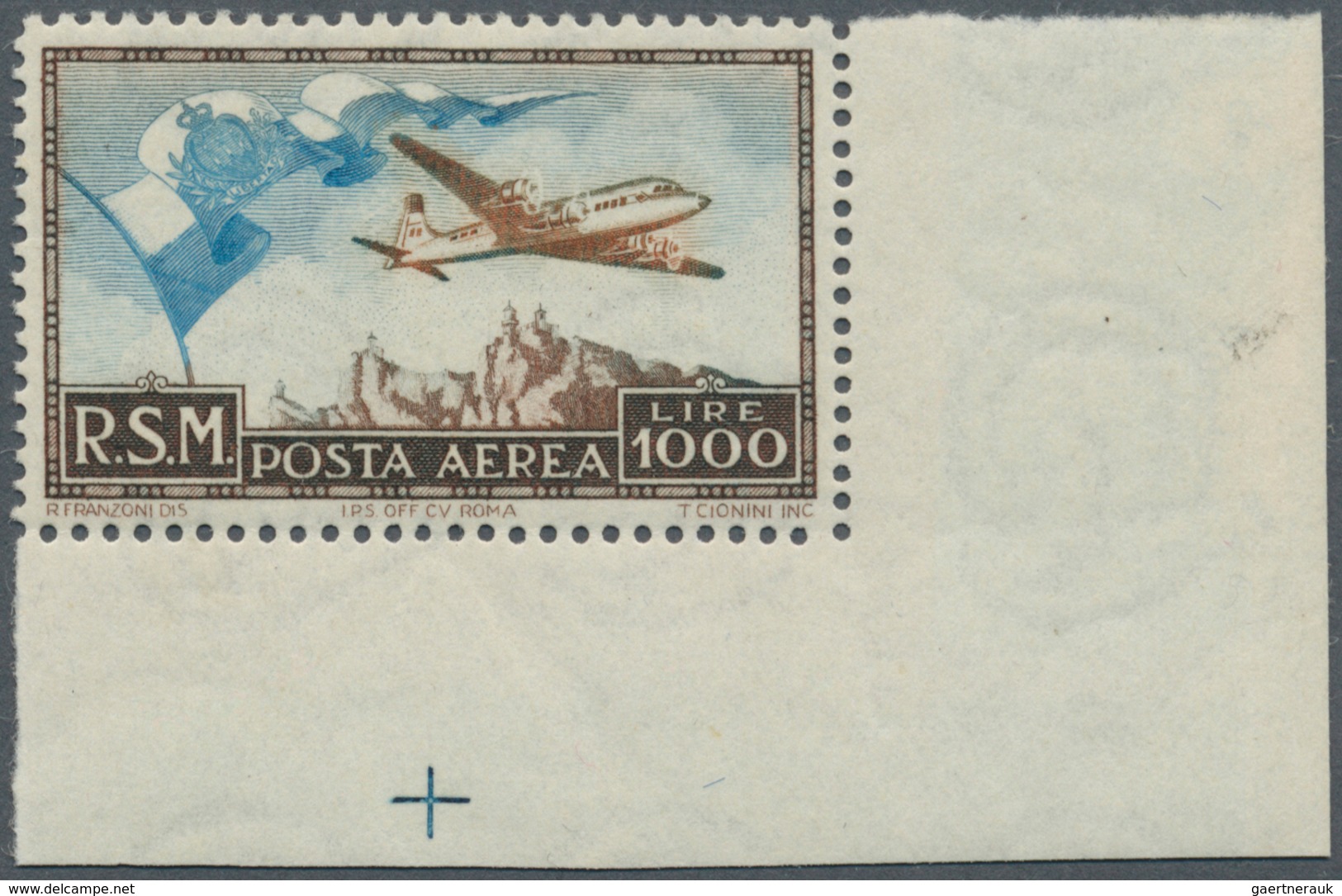 16009 San Marino: 1951, Airmail 1000 L. With Corner Sheet Margins (here With Slightly Hinged Remainders), - Ungebraucht