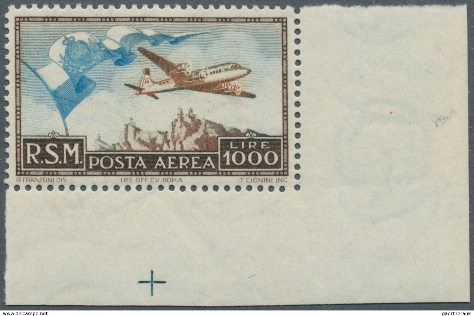 16009 San Marino: 1951, Airmail 1000 L. With Corner Sheet Margins (here With Slightly Hinged Remainders), - Neufs