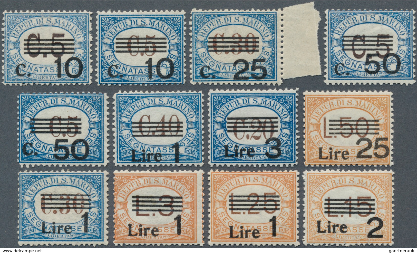 16016 San Marino - Portomarken: 1936/1943, Revaluation Overprints, Complete Set Of Twelve Values, Unmounte - Timbres-taxe