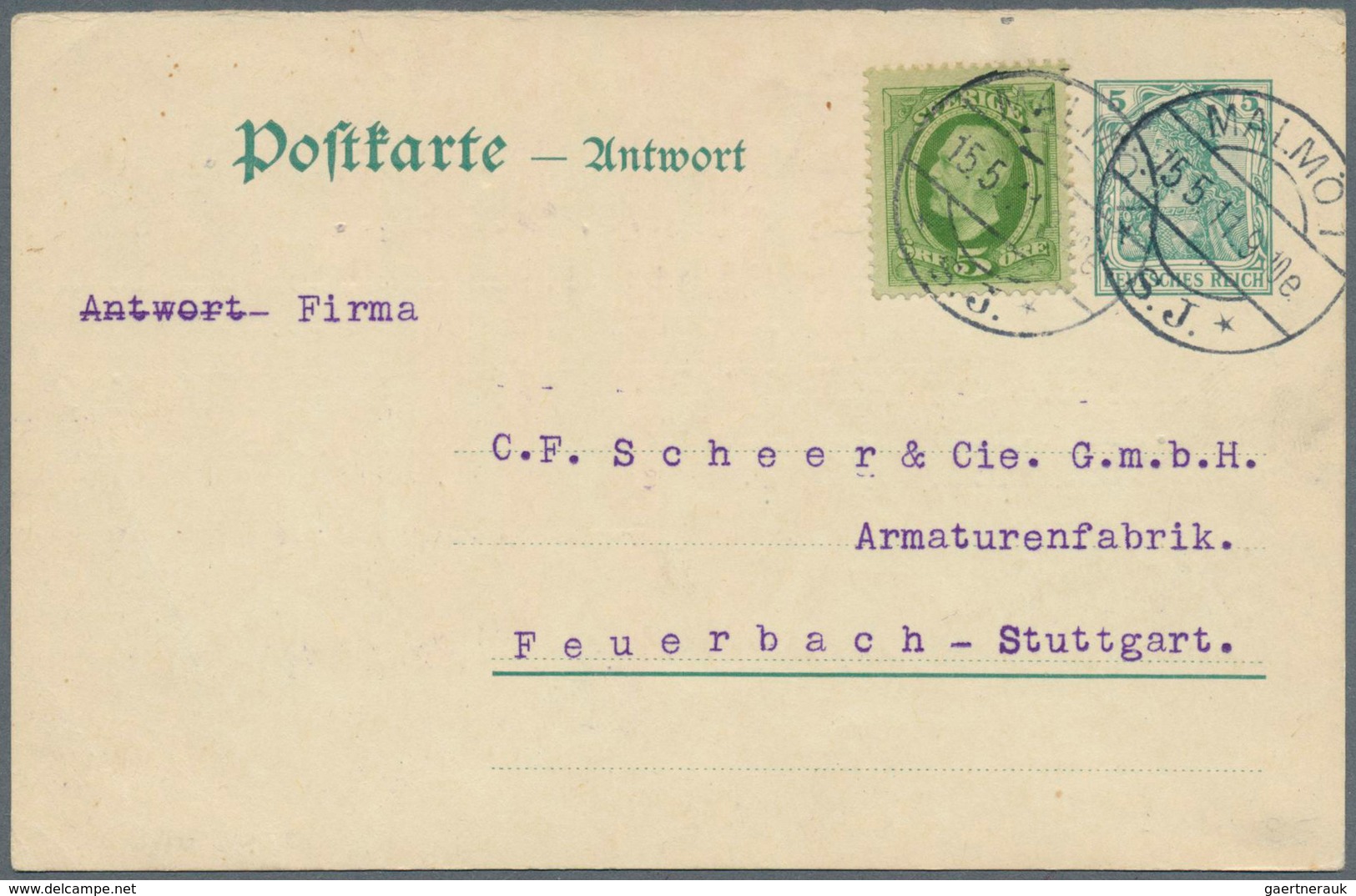 16024 Schweden: 1911, Germany: 5 Pf Germania Postal Stationery Reply Card, Reply-part Uprated With Sweden - Neufs