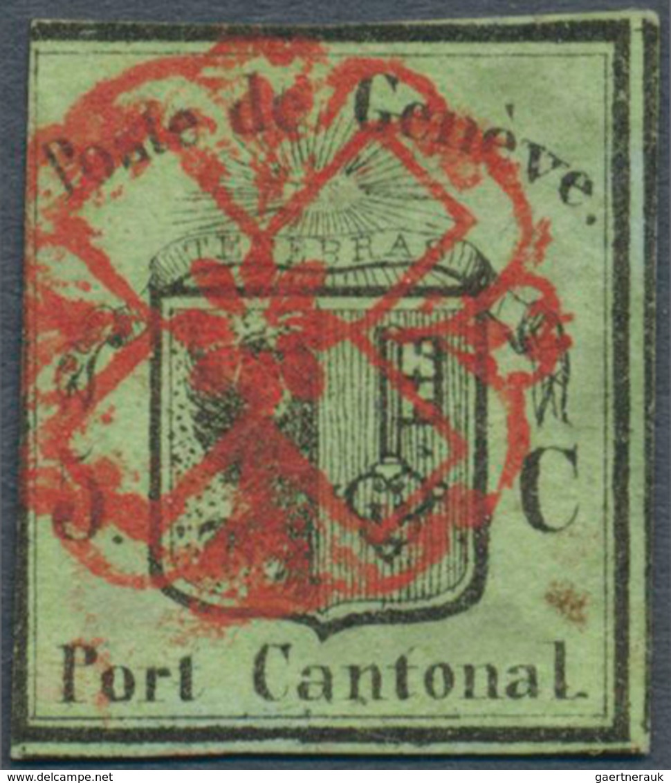 16041 Schweiz - Genf: 1845, 5 C. Kleiner Adler Grün, Sauber Gestempelt Mit Roter Genferrosette "AW No 2", - 1843-1852 Timbres Cantonaux Et  Fédéraux