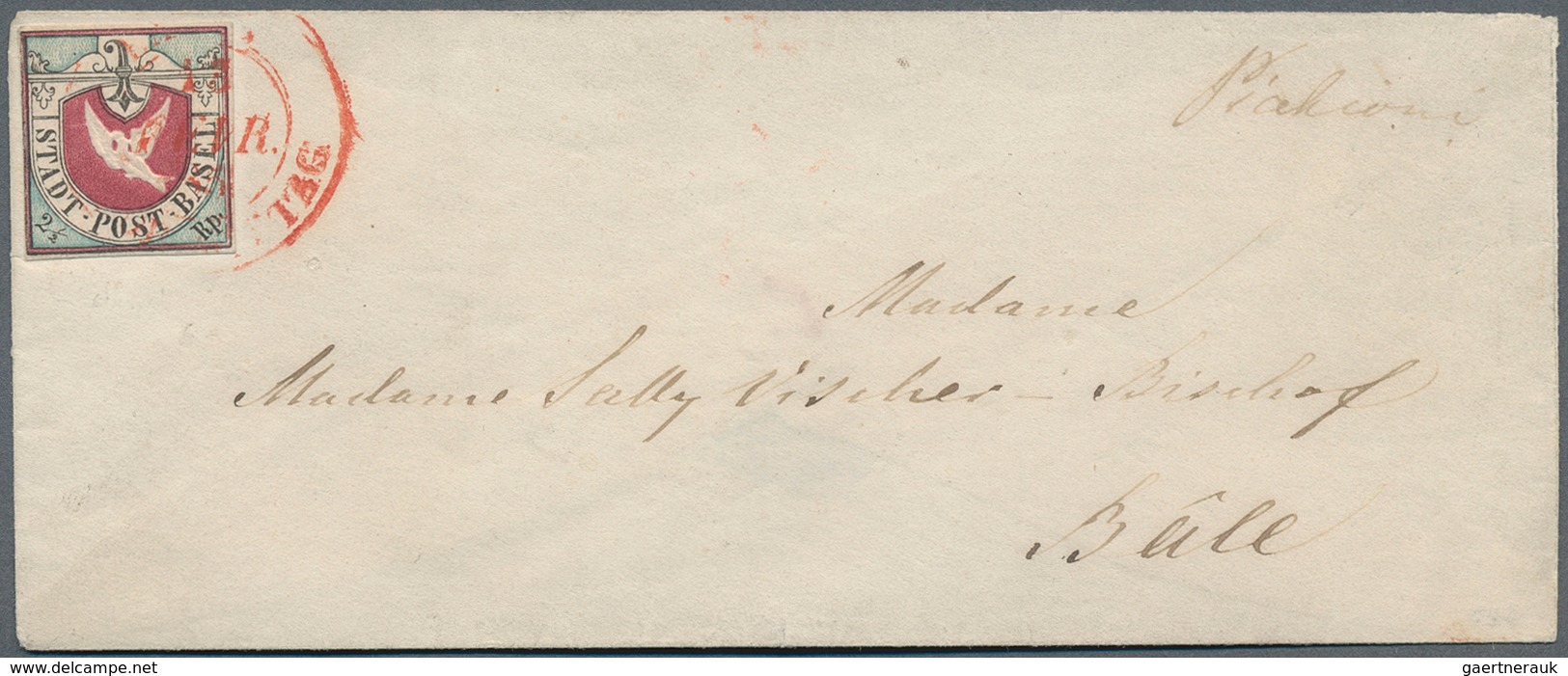 16044 Schweiz - Basel: 1845: 2½ Rappen, Schwarz/lebhaftblau/karmin, Sogenanntes "Basler Täubchen", Auf Kle - 1843-1852 Timbres Cantonaux Et  Fédéraux