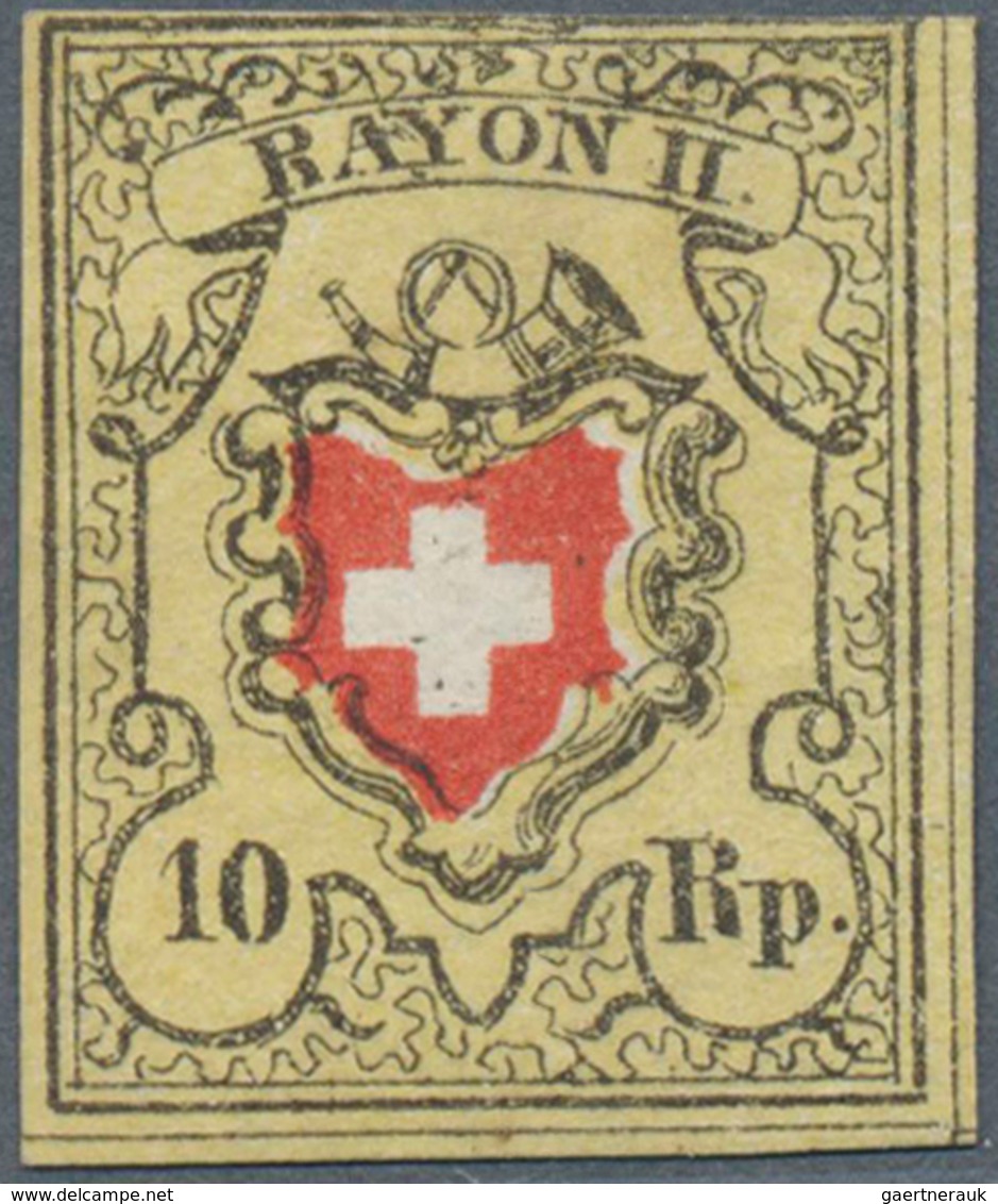 16057 Schweiz: 1850 Rayon II 10 Rp. Schwarz/rot/gelb, Type 5 Vom Stein E-LO Mit 'Plattenfehler' "Obere Ran - Ungebraucht