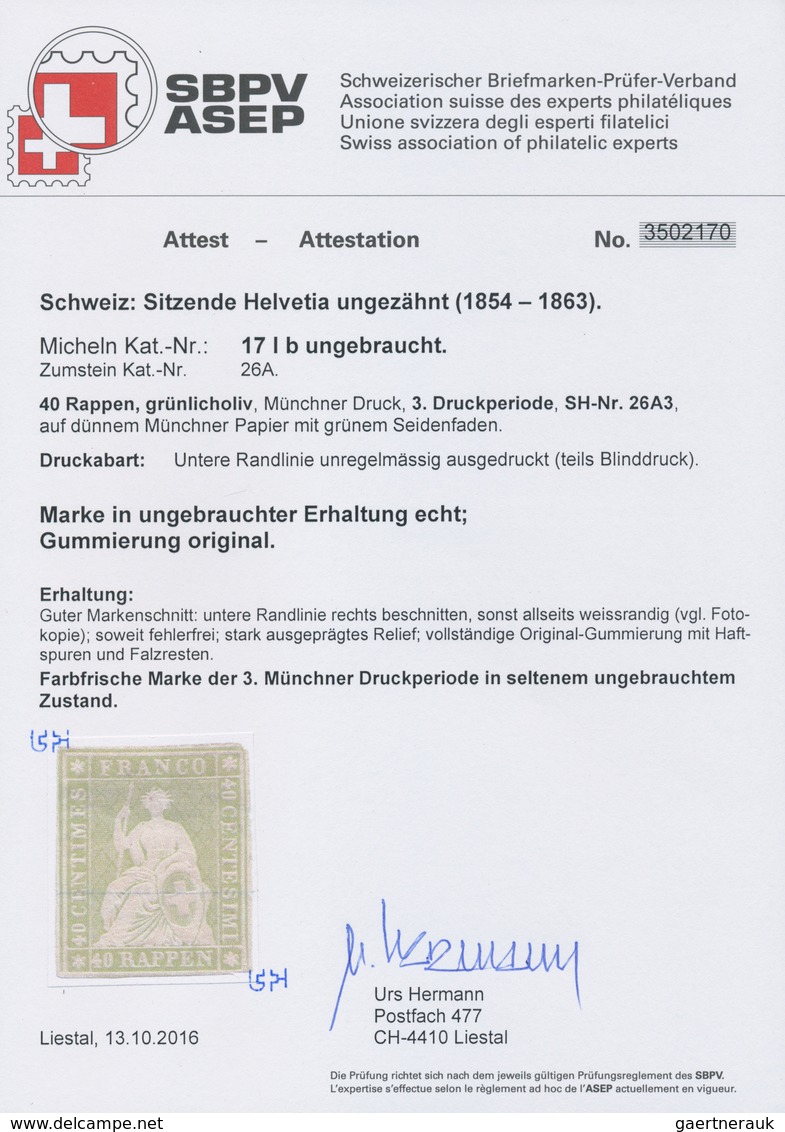 16074 Schweiz: 1854/1863: 40 Rp. Münchner Druck, 3. Druckperiode Auf Dünnem Münchener Papier Mit Grünem Se - Ungebraucht