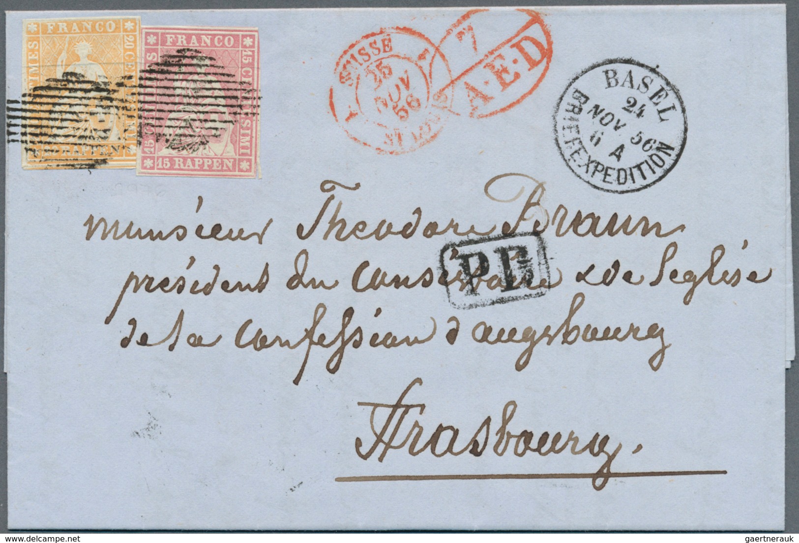 16081 Schweiz: 1856, Kompletter Faltbrief Von Basel Nach Strasbourg, Frankiert Mit Strubel 15 Rp. Lilarosa - Unused Stamps