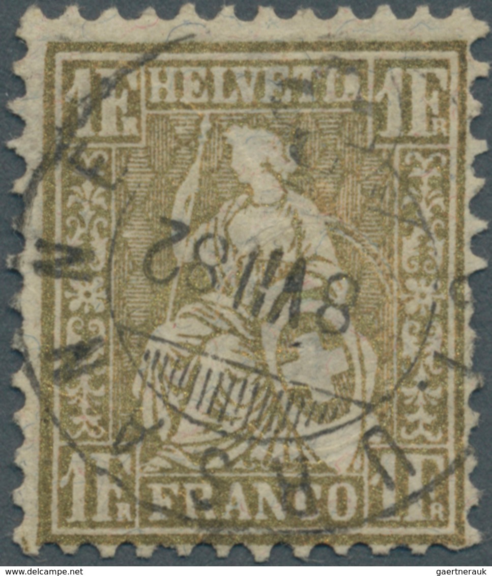 16092 Schweiz: 1882 Sitzende Helvetia 1 Fr. Golden Auf Faserpapier, Gebraucht Und Sauber Entwertet Mit Ort - Neufs