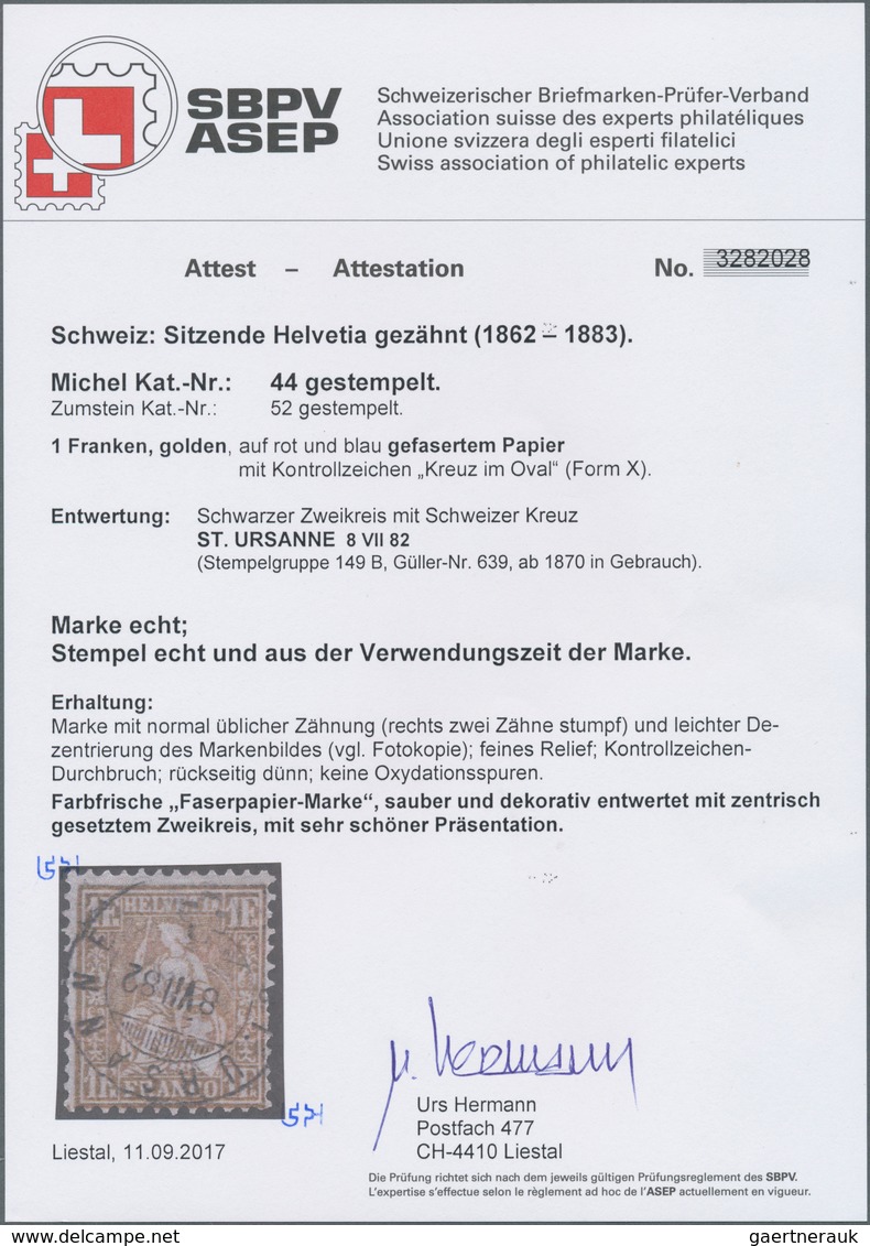 16092 Schweiz: 1882 Sitzende Helvetia 1 Fr. Golden Auf Faserpapier, Gebraucht Und Sauber Entwertet Mit Ort - Ungebraucht