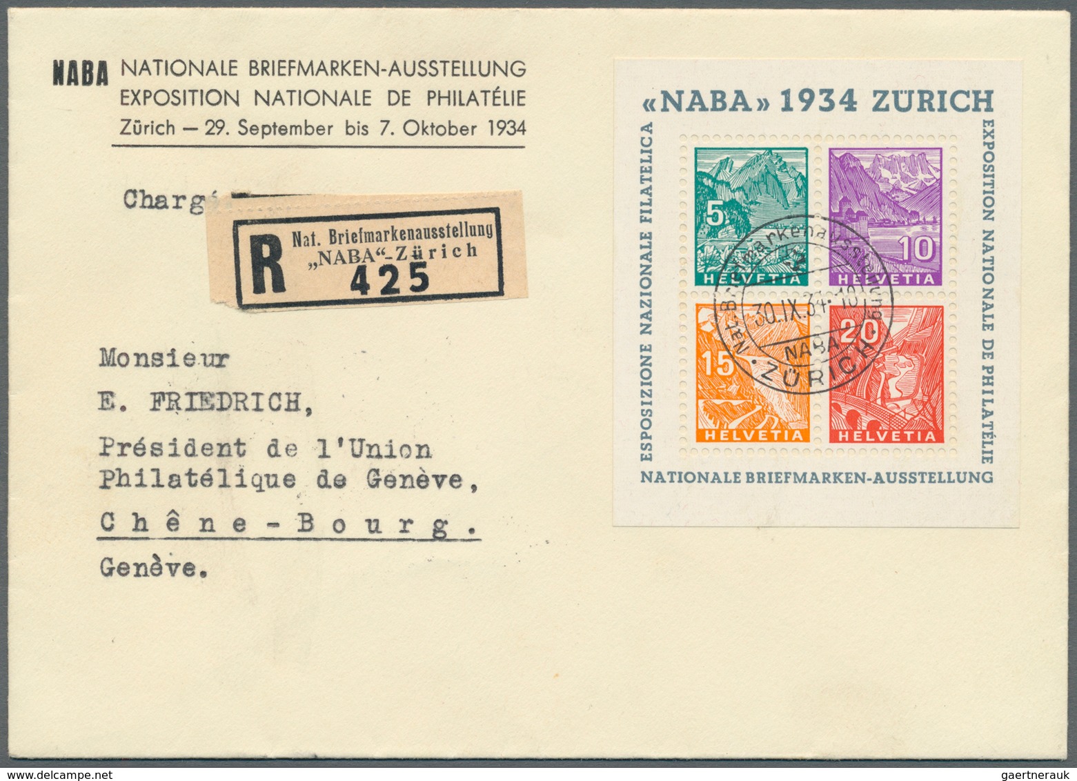 16111 Schweiz: 1934, NABA-Block Mit SST Vom 30.IX.34 Und Sonder-R-Zettel Auf Einschreibe-Brief Von Zürich - Ungebraucht