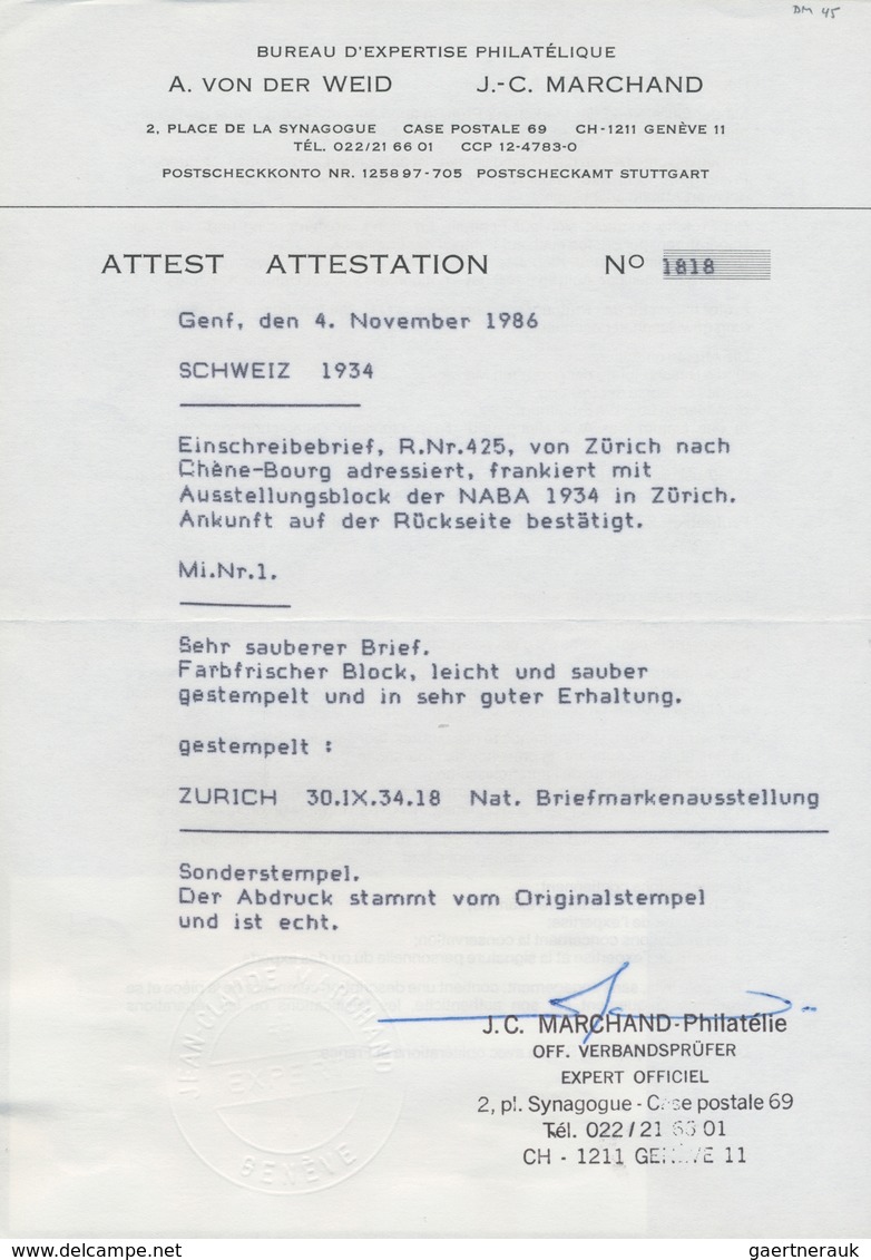 16111 Schweiz: 1934, NABA-Block Mit SST Vom 30.IX.34 Und Sonder-R-Zettel Auf Einschreibe-Brief Von Zürich - Neufs