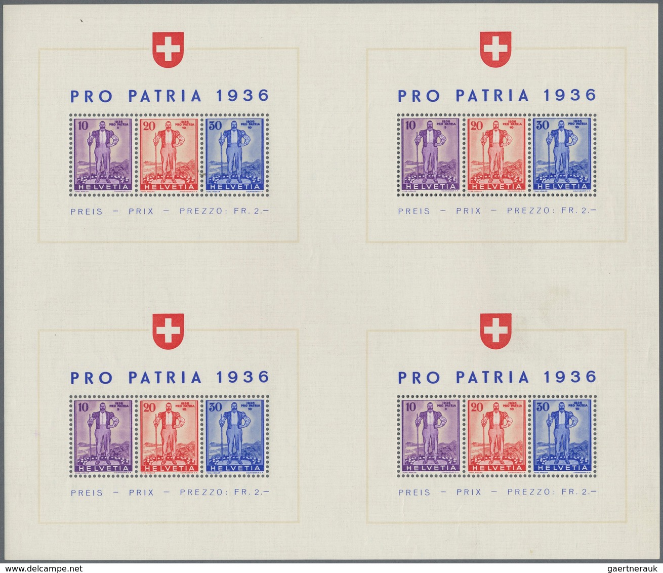 16112 Schweiz: 1936, Pro Partria 'Freiburger Senn' Blockausgabe Im Kompletten Großbogen Mit 4 Blocks, Post - Ungebraucht