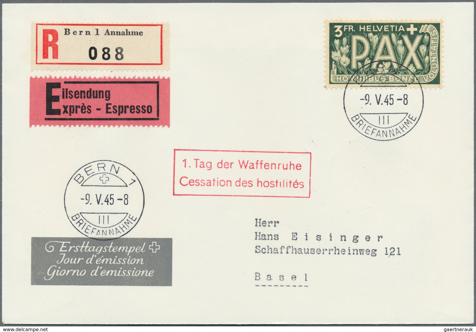 16122C Schweiz: 1945, "Ausgabe zum Waffenstillstand 1945", 5 C. - 10 Fr. Pax, traumhaft schöne FDC-Serie au